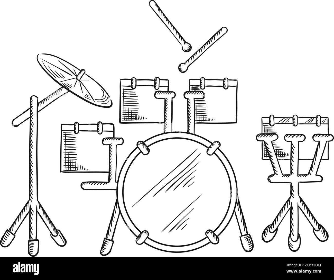 Dessin de batterie avec kit traditionnel de batterie basse, deux pompons  suspendus, tambour d'embussere, Tom de plancher et cymbale de marche. Ajout  à la musique, à l'art ou au divertissement de Image