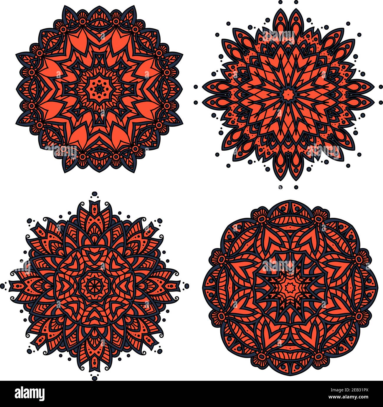 Motifs circulaires floraux rouges de feuilles et pétales décoratifs avec ornement abstrait rouge et orange. Pour la conception intérieure ou textile Illustration de Vecteur