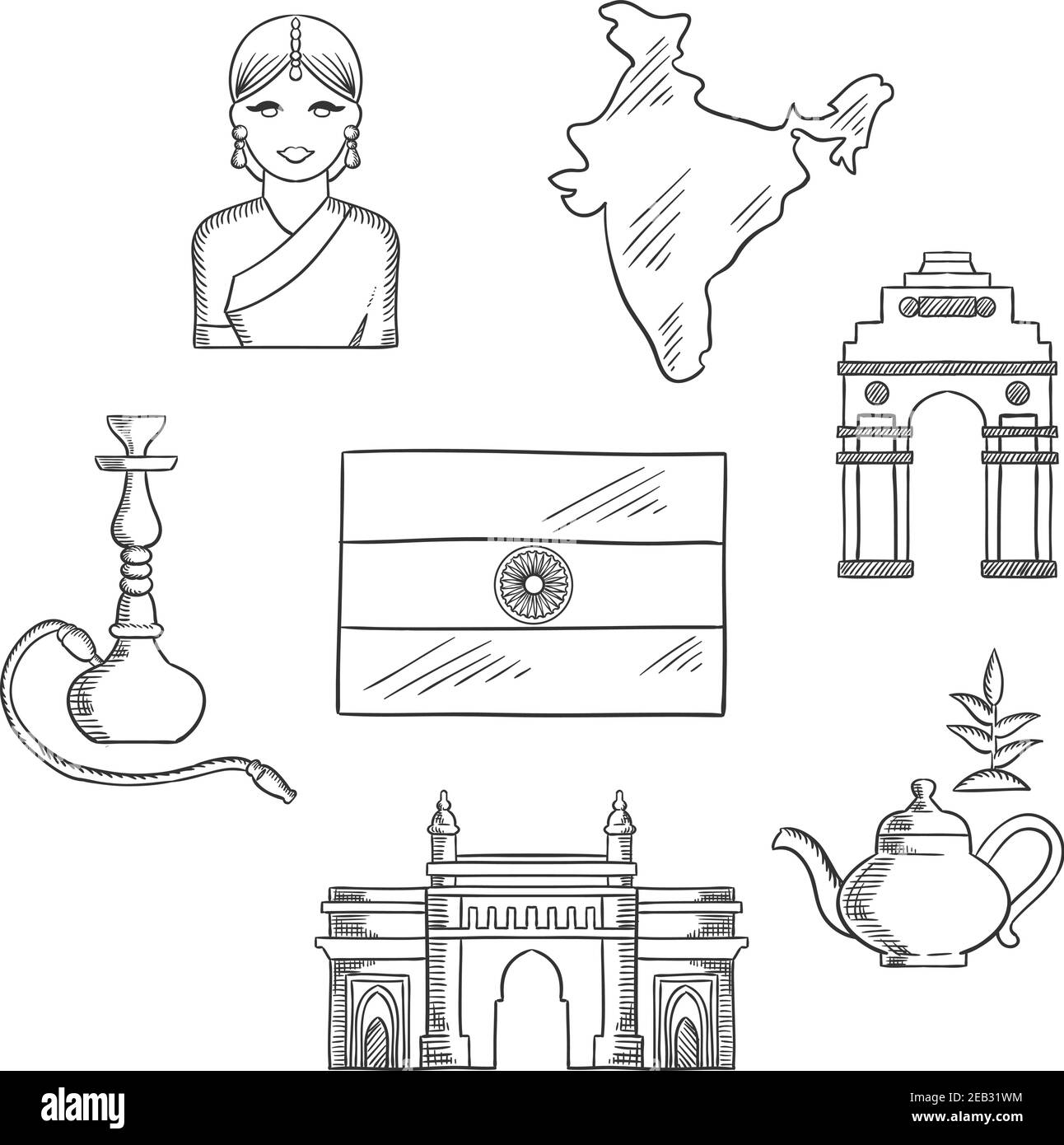 Concept de culture et de voyage en Inde avec des icônes esquissées de la voie de la porte, arc, femme dans un sari, drapeau national, pot de thé et un tuyau de narguilé Illustration de Vecteur