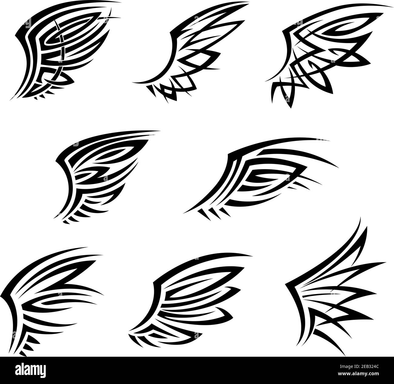 Ailes tribales noires avec plumes décoratives abstraites. Éléments de design pour tatouage, imprimé t-shirt ou emblèmes Illustration de Vecteur