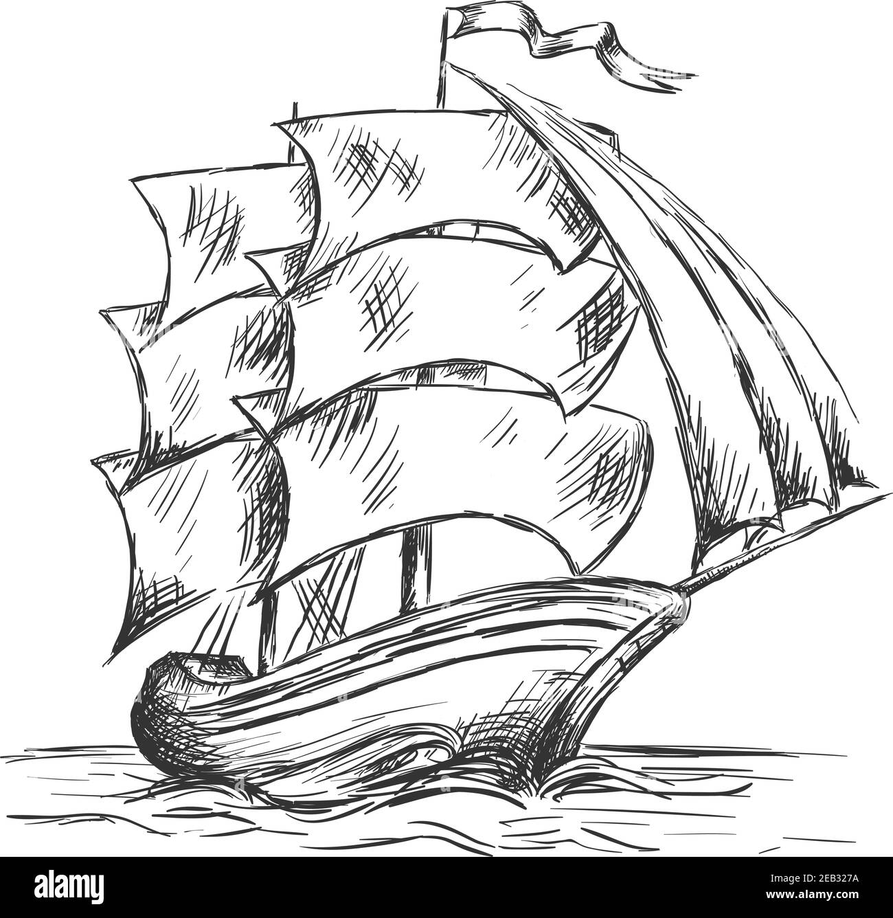 Croquis marin de l'ancien navire sous les voiles pleines avec drapeau sur le mât. Aventure marine ou thème nautique Illustration de Vecteur