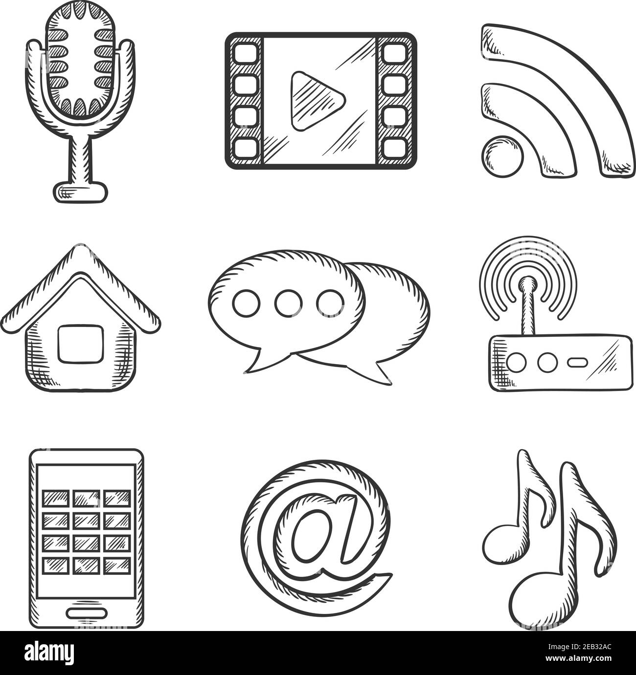 Icônes de télécommunication et multimédia avec microphone, wi-fi, Web, film, vidéo, tablette, réseau et notes musicales. Style d'esquisse Illustration de Vecteur