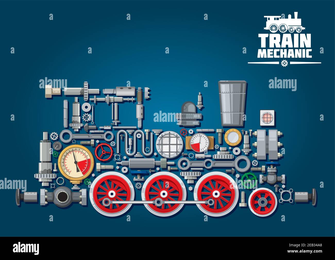 Train de locomotives à vapeur composé de pièces mécaniques comme moteur à vapeur, système de transmission, boîte de vitesses, roues dentées, manomètres colorés, soupapes, en marche Illustration de Vecteur