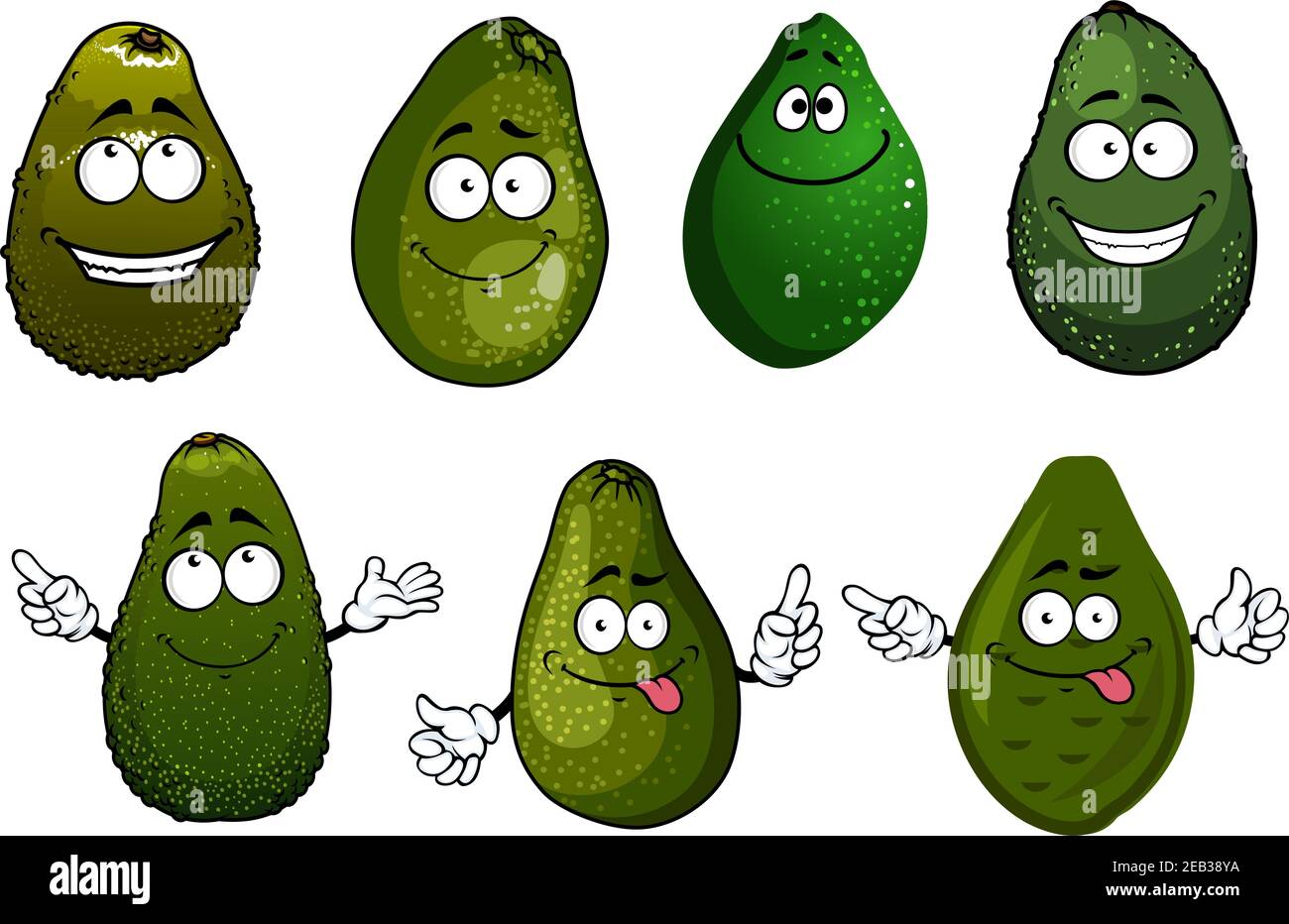 Caricature saine bio vert foncé avocats fruits caractères avec visages drôles, isolé sur blanc. Pour la cuisine végétarienne ou la récolte agricole Illustration de Vecteur