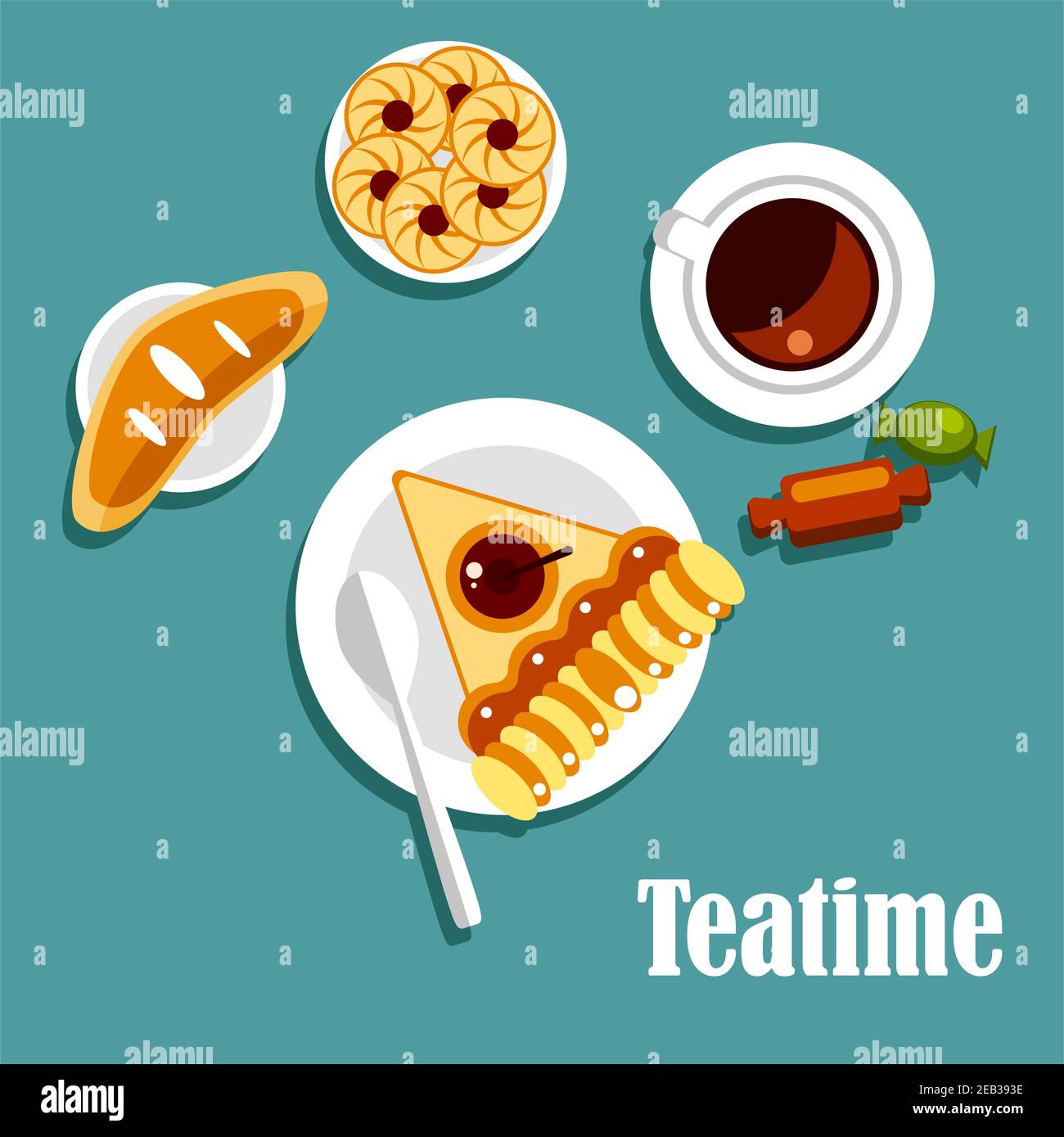 Plats de thé icônes de la table servie avec une tasse de thé frais, un morceau de tarte aux pommes, des biscuits avec confiture, un pain sucré et des bonbons Illustration de Vecteur