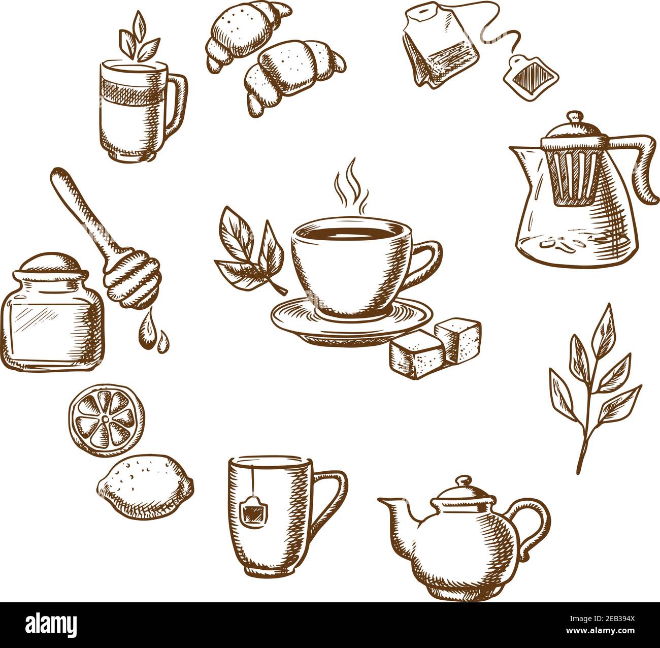 Tisane, dessert et pâtisserie croquis des icônes avec une tasse de thé chaud sur la soucoupe, feuilles de menthe, sucres, citron et croissant entouré de théières et tasses, miel Illustration de Vecteur