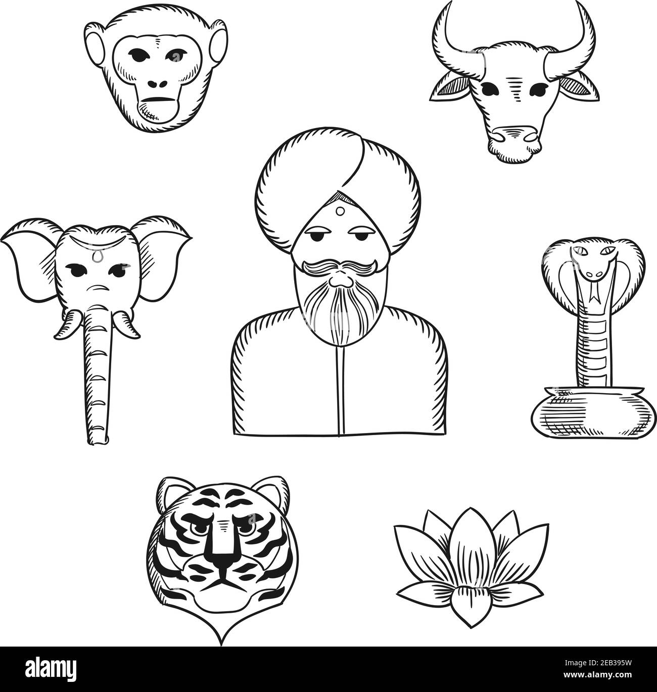 La nature indienne et les symboles nationaux dans le style esquisse avec l'homme indien dans le turban avec la sainte vache, l'éléphant, le cobra, le singe, le lotus, le tigre. Pour la conception de voyage u Illustration de Vecteur