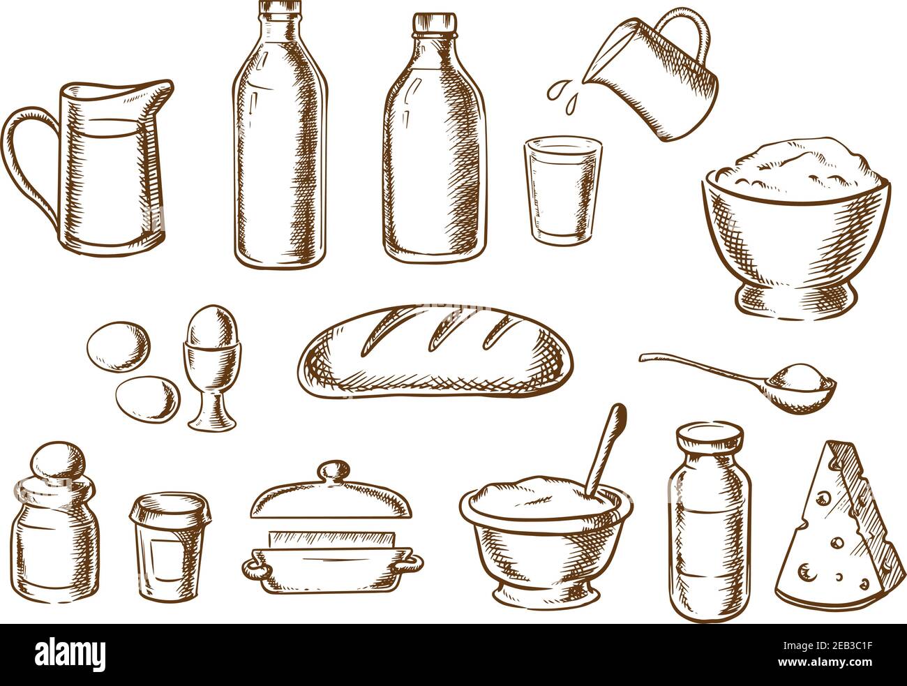 Ingrédients de boulangerie avec beurre, farine, sel, pâte, lait de sucre, oeufs, fromage autour d'un pain blanc. Icônes d'esquisse Illustration de Vecteur