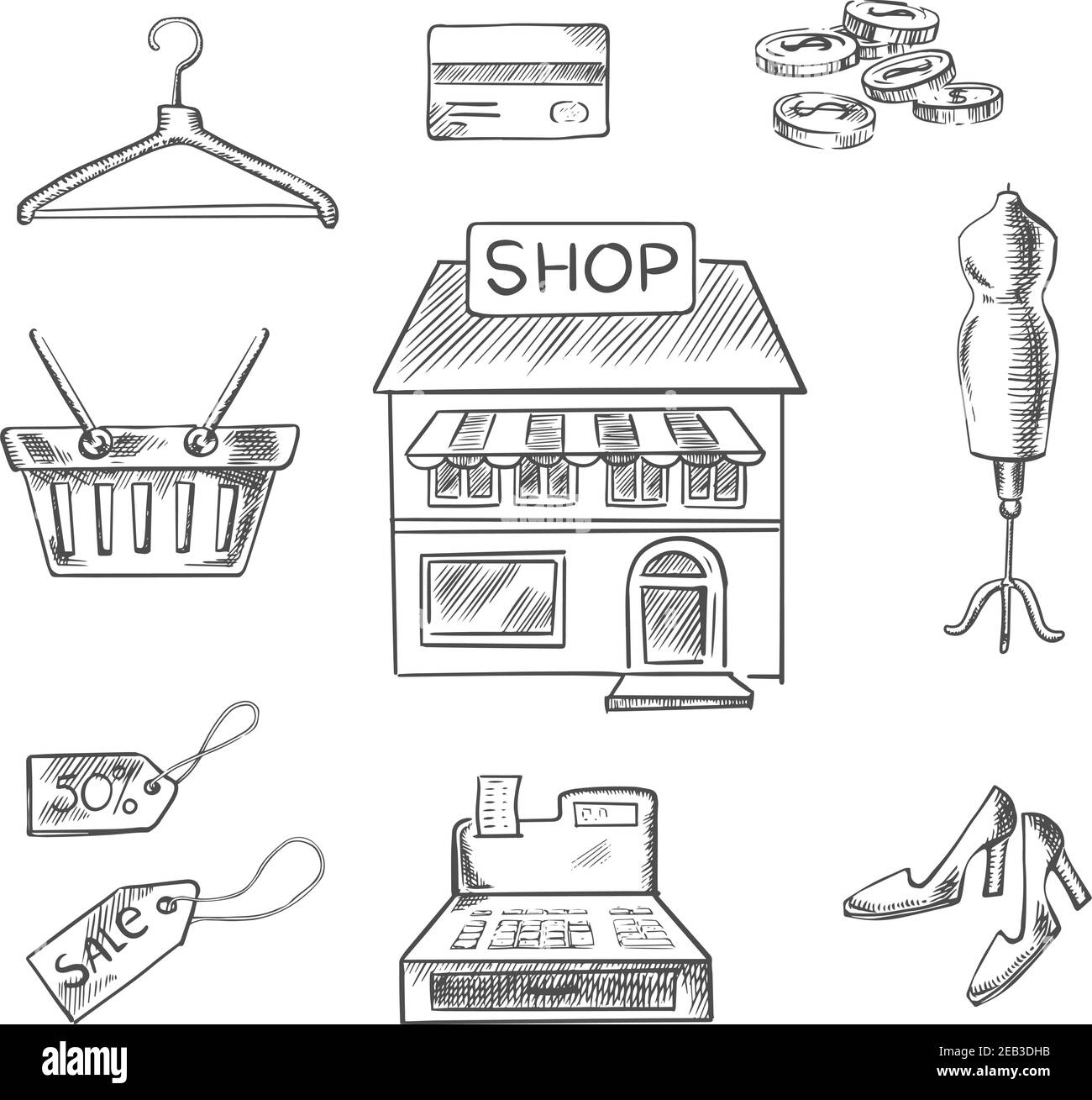 Dessinez les éléments de conception avec une façade centrale du magasin entourée d'une caisse, d'un prix de vente, d'un panier, d'un cintre, d'une carte de crédit, d'une caisse, d'un mannequin et de chaussures. Prix de vente au détail Illustration de Vecteur