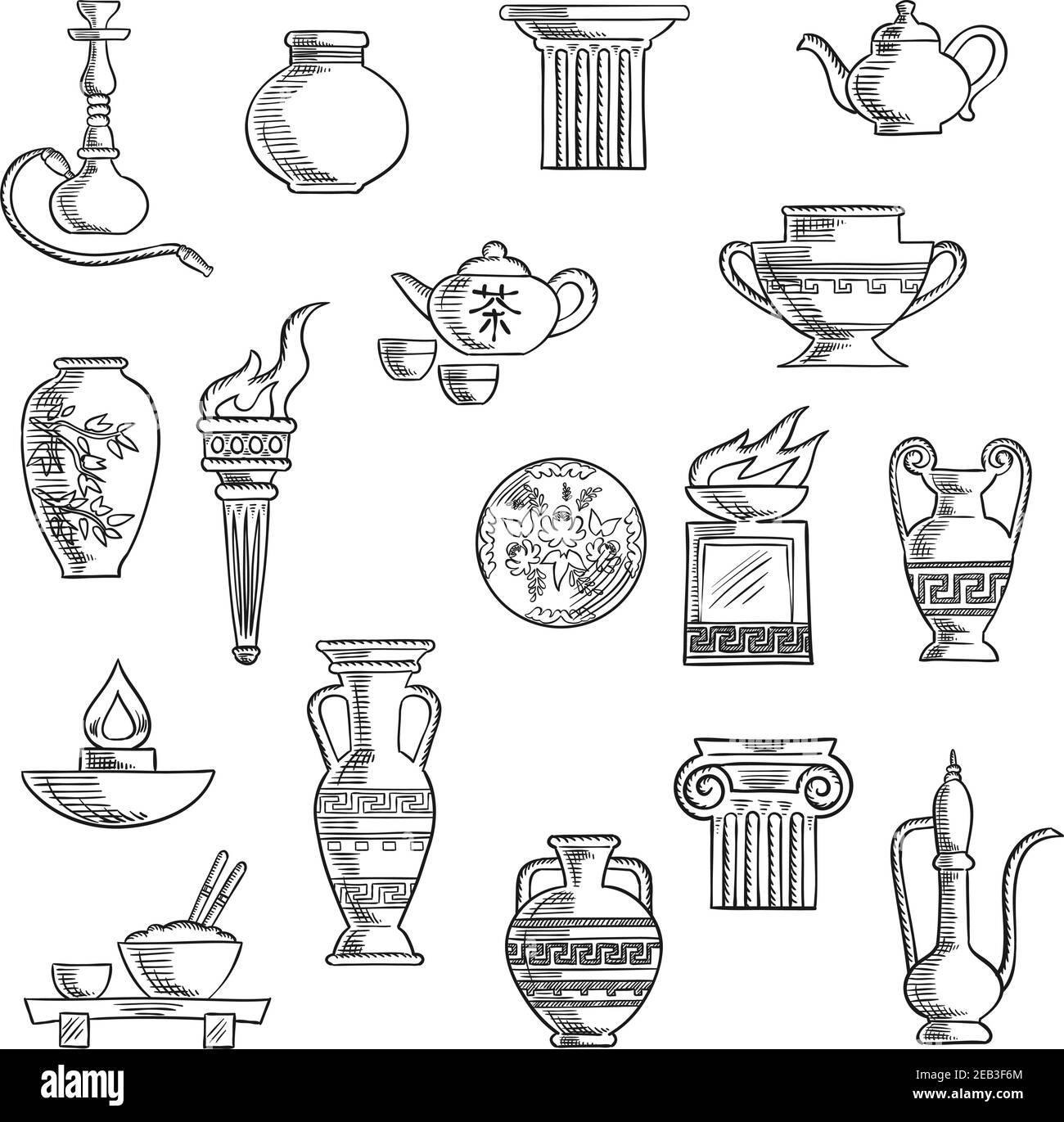 Récipients et ustensiles de cuisine icônes dans le style esquisse avec torche ancienne, boules de feu de pierre, amphora, théière en cuivre et céramique, lampe à huile, tuyau de nargua, thé Illustration de Vecteur