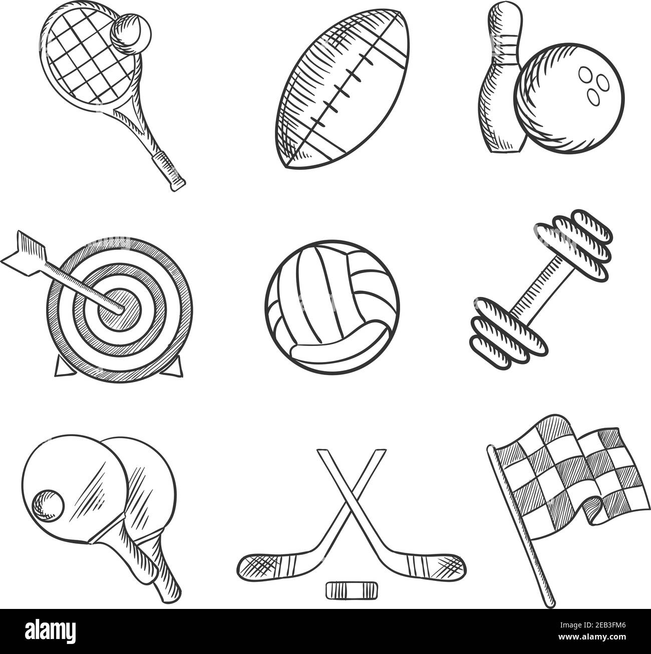 Icônes sportives avec tennis, football, bowling, tir à l'arc, hockey, courses automobiles, musculation, tennis de table, rugby et volleyball. Style d'esquisse Illustration de Vecteur