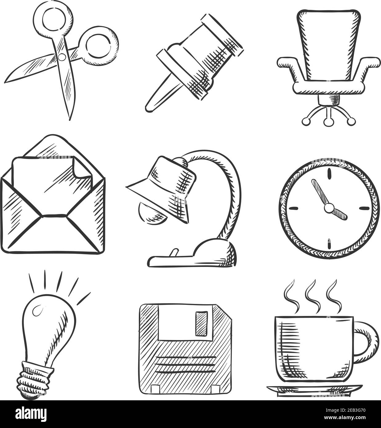 Bureau a esquissé des icônes avec une pince à pouce, des ciseaux, une chaise, un courrier, une lampe, une horloge, une ampoule et une tasse de thé. Pour l'utilisation de la conception Web et professionnelle, le style d'esquisse Illustration de Vecteur