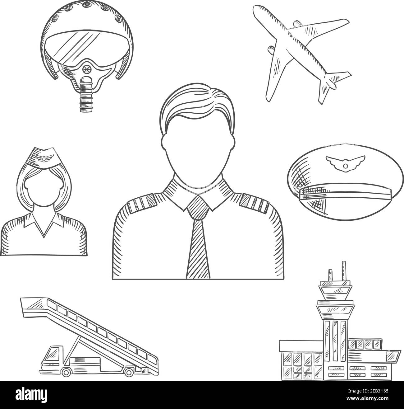 La profession de pilote a esquissé des icônes avec le capitaine en uniforme entouré d'hôtesse, d'avion, de casque de vol, de cap à pic, de bâtiments d'aéroport et d'avions Illustration de Vecteur