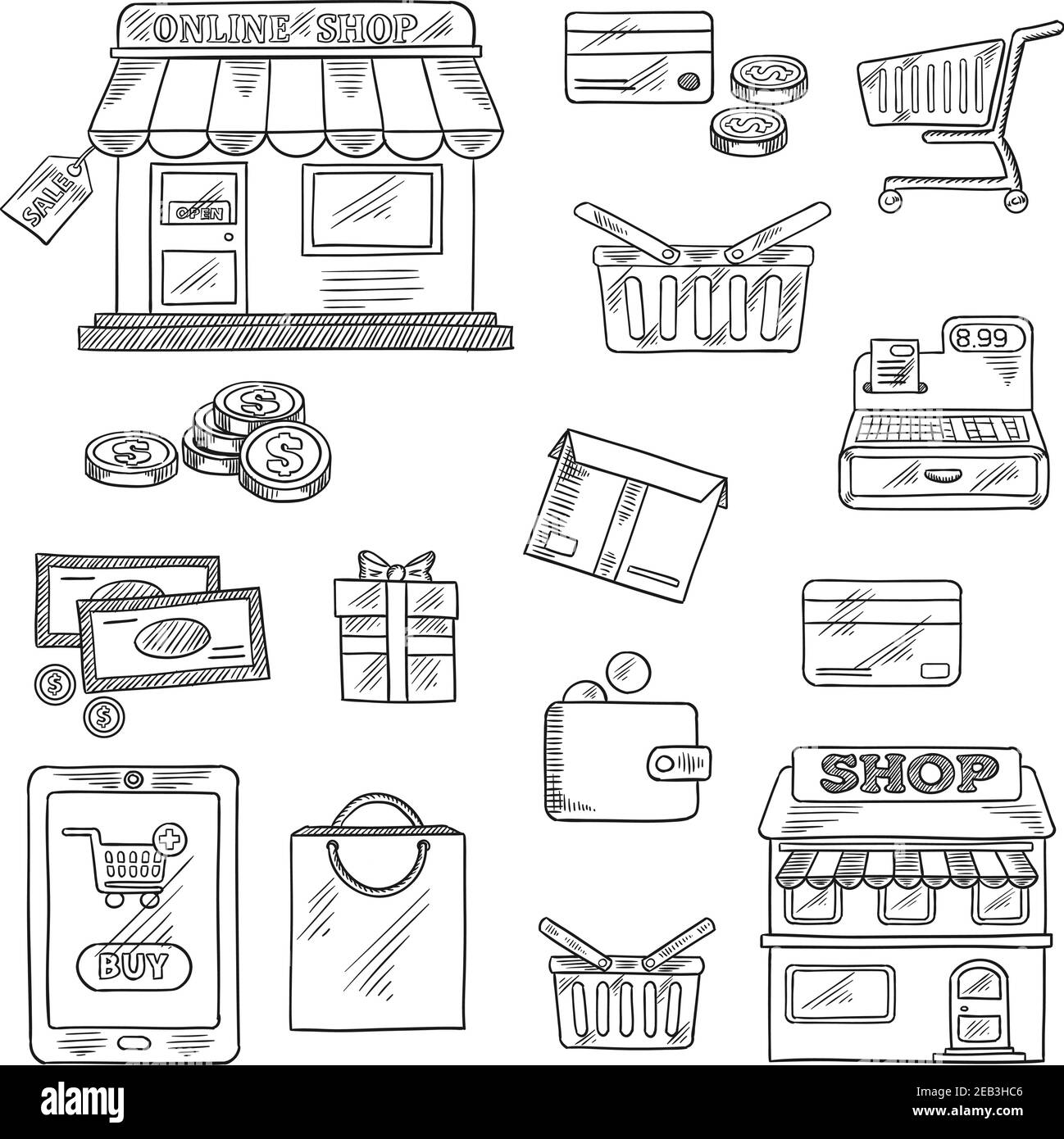 Icônes de shopping et de vente au détail dans le style esquisse de boutique en ligne, étiquette de vente, tablette pc et bouton d'achat, argent, carte de crédit, panier, panier et sac, magasin Illustration de Vecteur