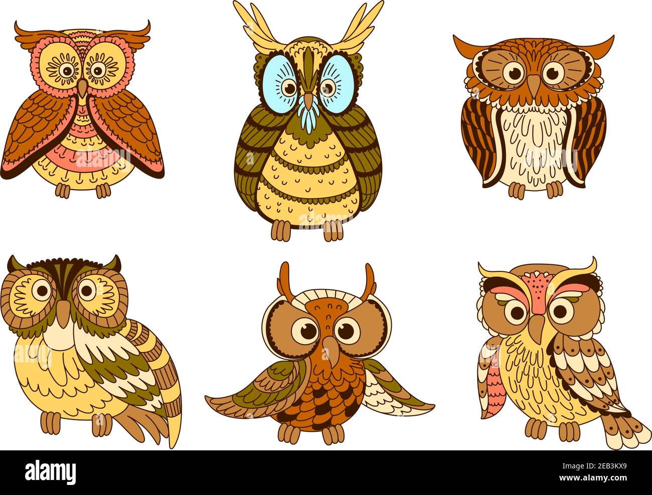 Chouettes chouettes chouettes, chouettes et hiboux à plumes ornementales, décorées de bandes et de taches dans des tons pastel. Halloween mascotte, éducation em Illustration de Vecteur