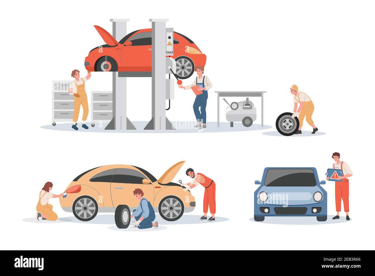 Illustration à plat du vecteur de service d'entretien du véhicule. Les mécaniciens lavant la voiture, soulevant l'automobile et vérifiant les problèmes, réparant les roues et le moteur de la voiture. Fixation et réglage du concept de voiture. Illustration de Vecteur