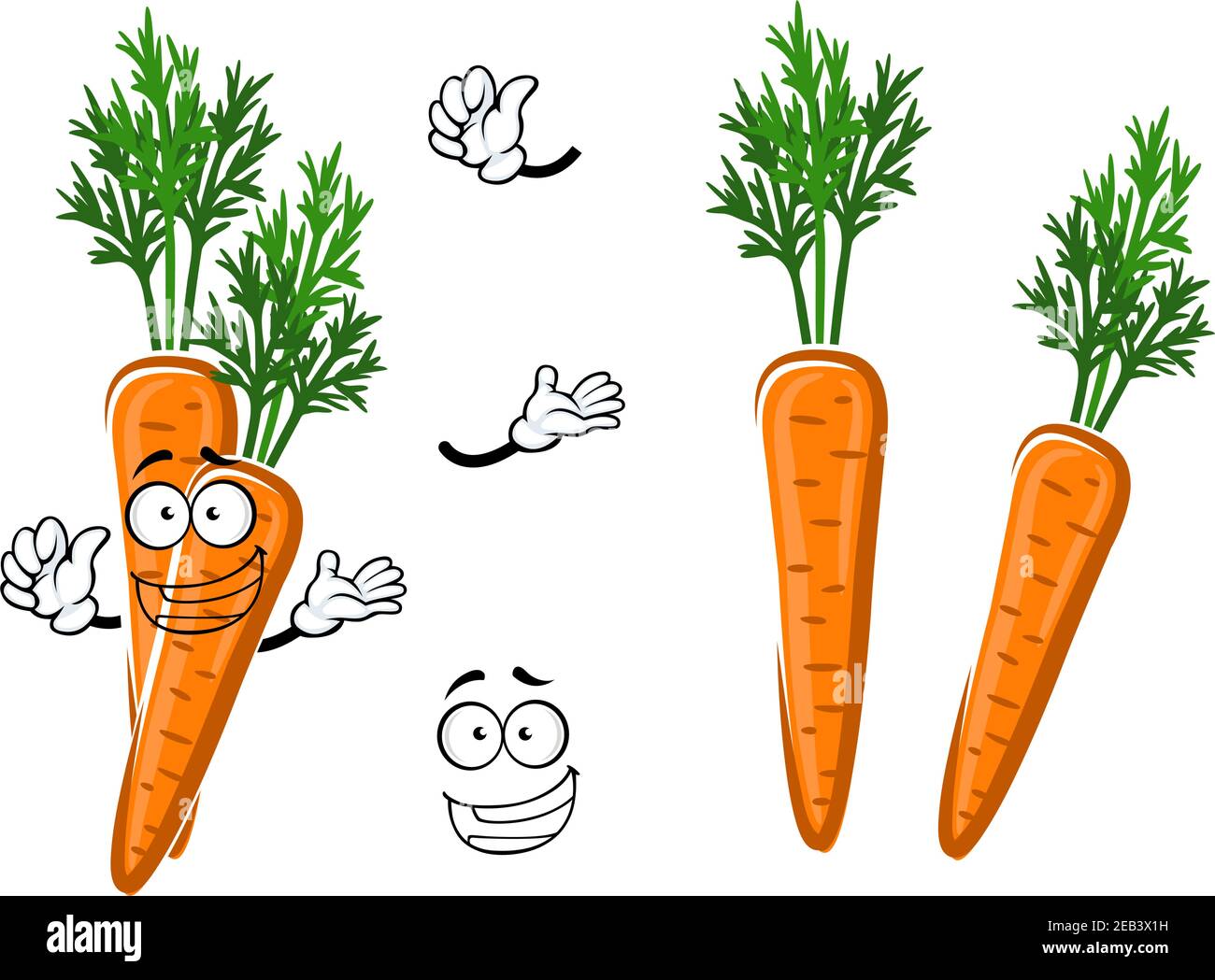 Un personnage de dessin animé de légume de carotte orange croquant à la ferme fraîche avec des feuilles vert vif. Ajout au livre de recettes, au menu enfants ou à la récolte agricole Illustration de Vecteur