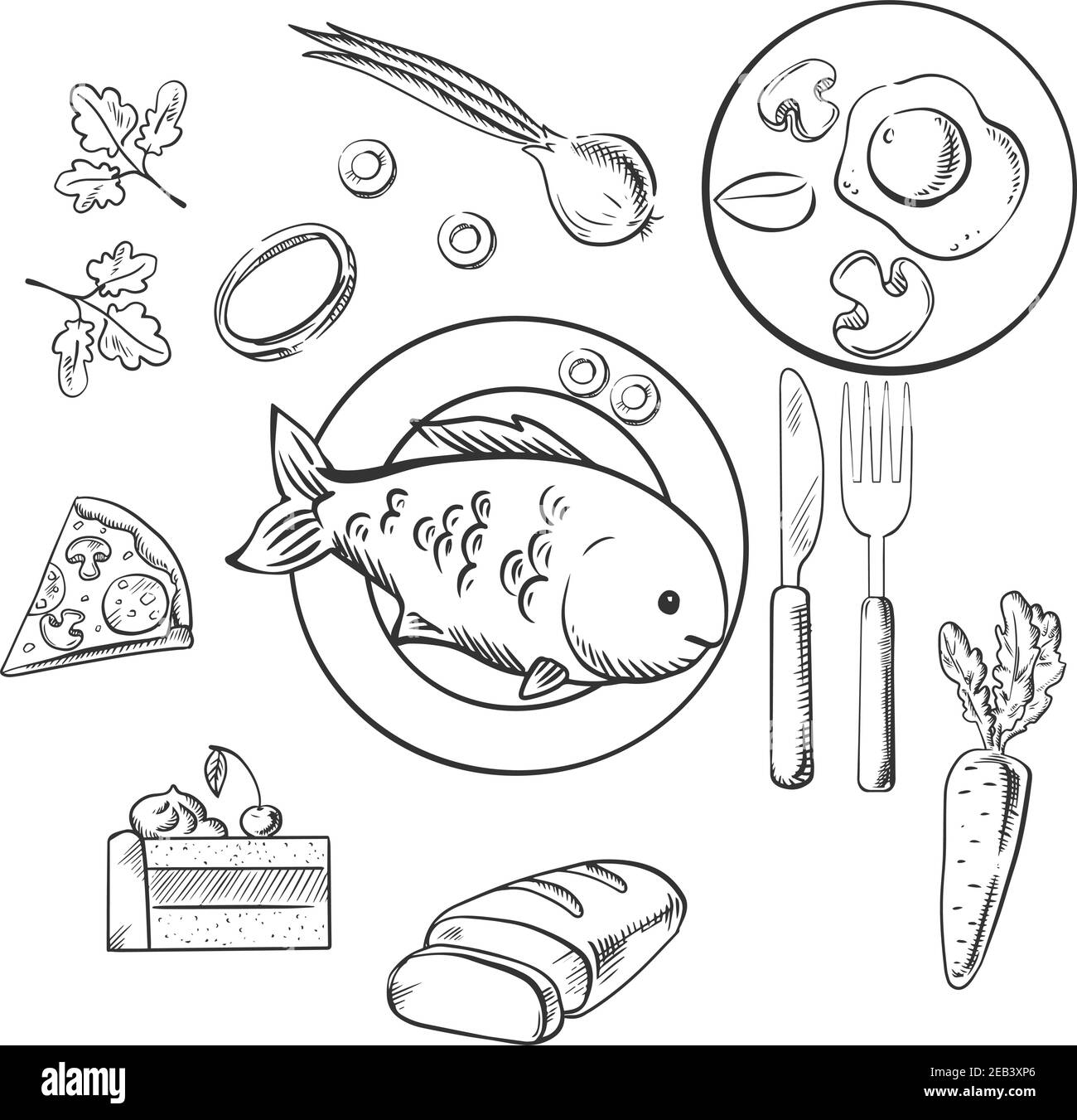 Repas frais avec des icônes vectorielles comme un gâteau, des légumes, des œufs frits, de la pizza et du pain coupé en tranches entourant une assiette centrale de poisson. Style d'esquisse Illustration de Vecteur