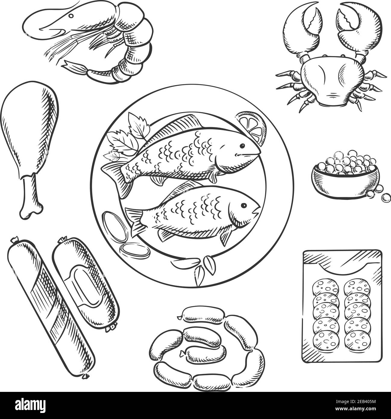Les fruits de mer et la viande sont des icônes représentant le poisson, le crabe, la crevette, le caviar, la saucisse, la wurst et le poulet. Pour la conception de menu de café ou de restaurant. Vecteur d'esquisse Illustration de Vecteur