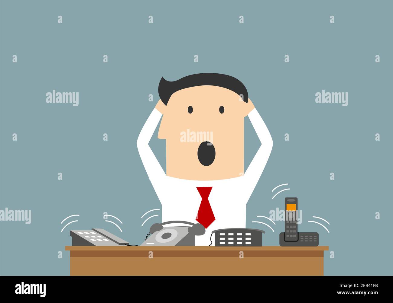 Un homme d'affaires de dessin animé se serre la tête dans la panique sur le lieu de travail. Au bureau, de nombreux appels téléphoniques en même temps. Concept commercial de surtravail et de stress Illustration de Vecteur