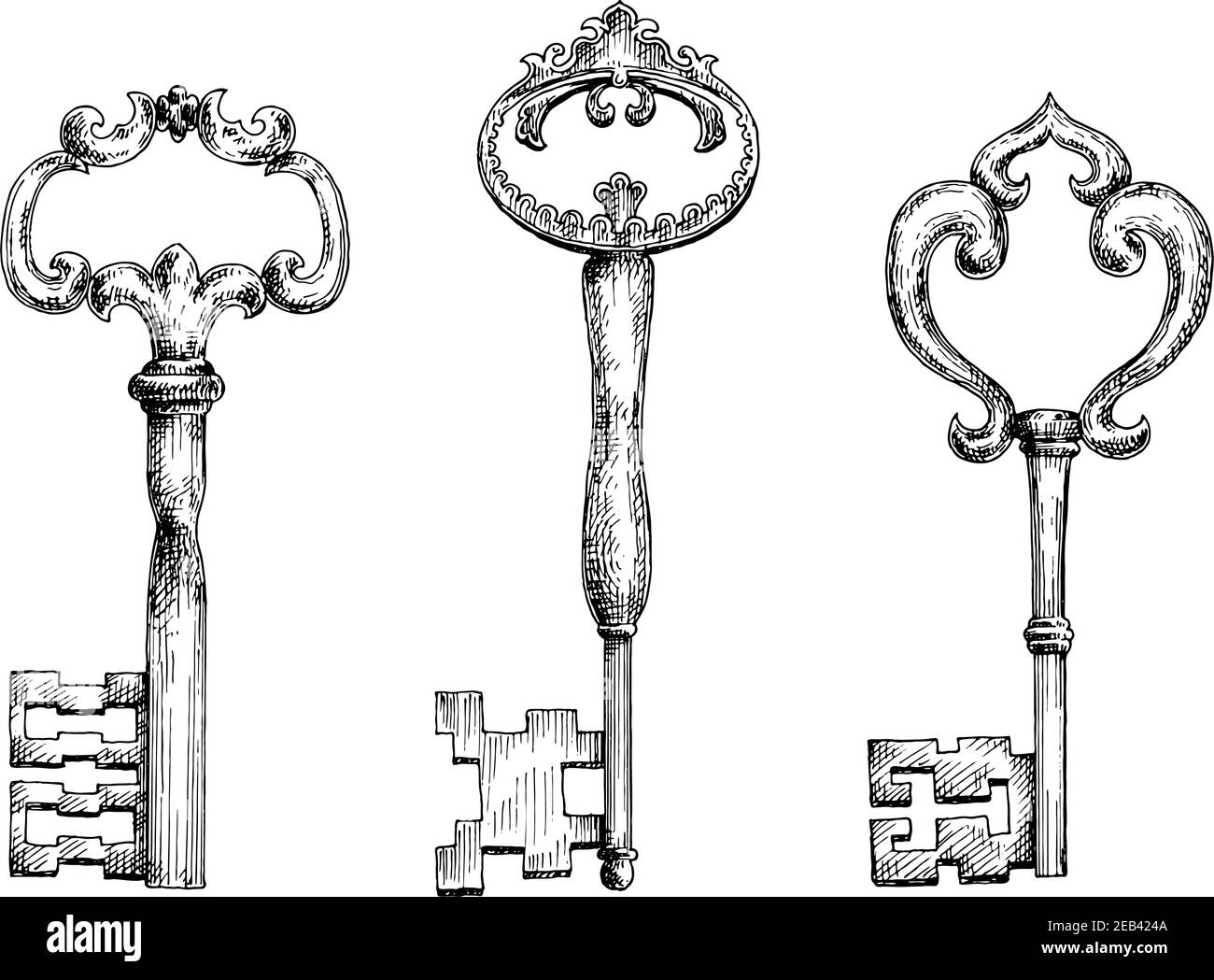Décoration vintage squelette clés esquisses isolées, ornées d'éléments mauriques. Nice dans le design médiéval stylisé, la sécurité, tatouage et accesso intérieur Illustration de Vecteur