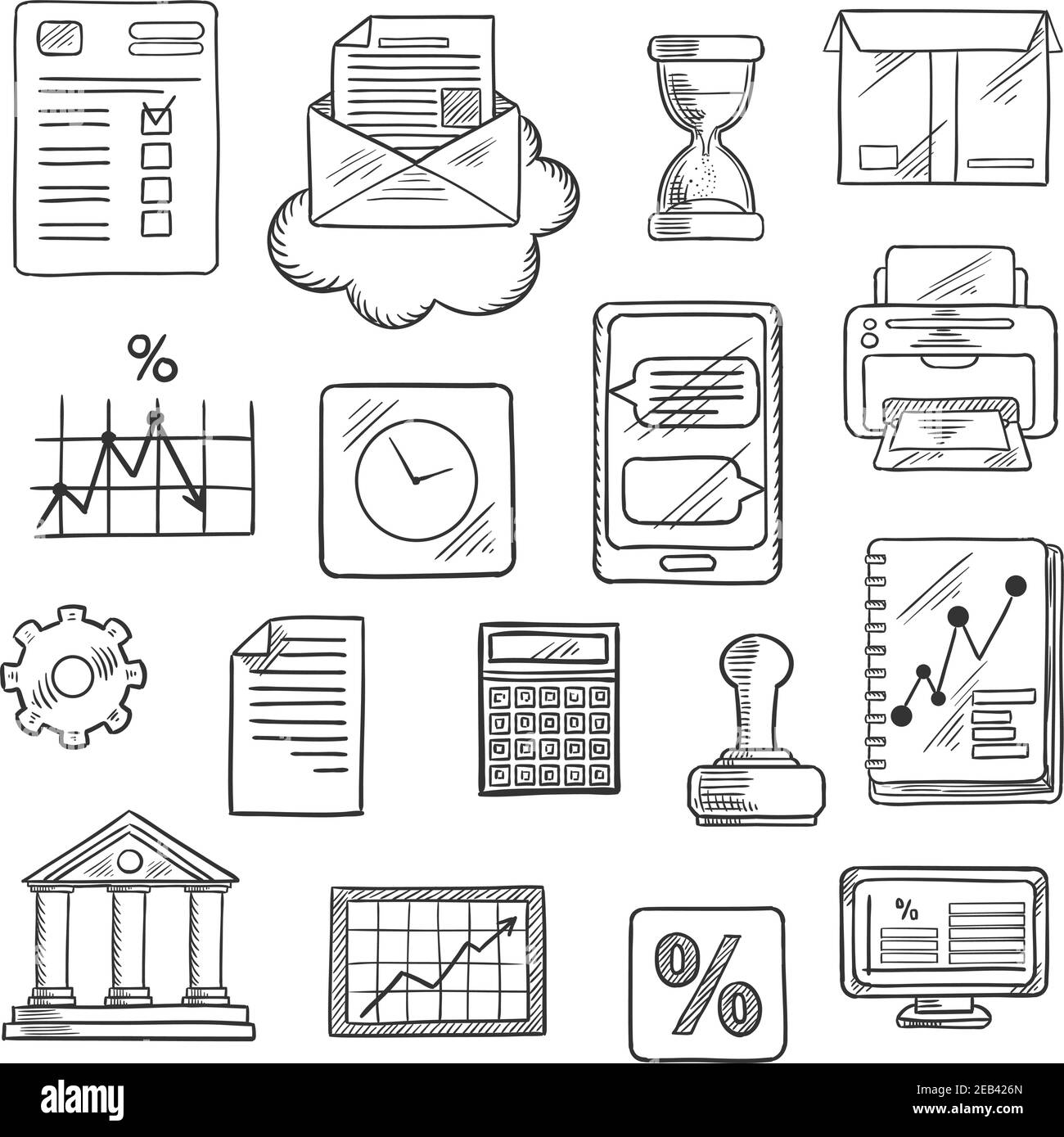 Icônes représentant les entreprises, les finances et les bureaux avec ordinateur, rapport, tableaux financiers, graphique, smartphone, boîte aux lettres et de livraison, banque, tampon en caoutchouc Illustration de Vecteur