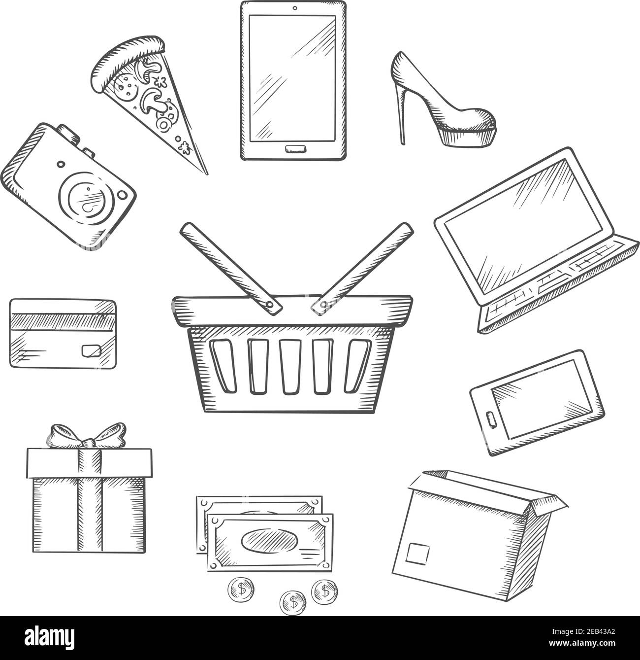 Icônes de croquis de commerce avec panier arrondi pour un téléphone mobile, tablette et ordinateur portable, argent, carte bancaire, cadeau, carton avec une chaussure, mode, Illustration de Vecteur