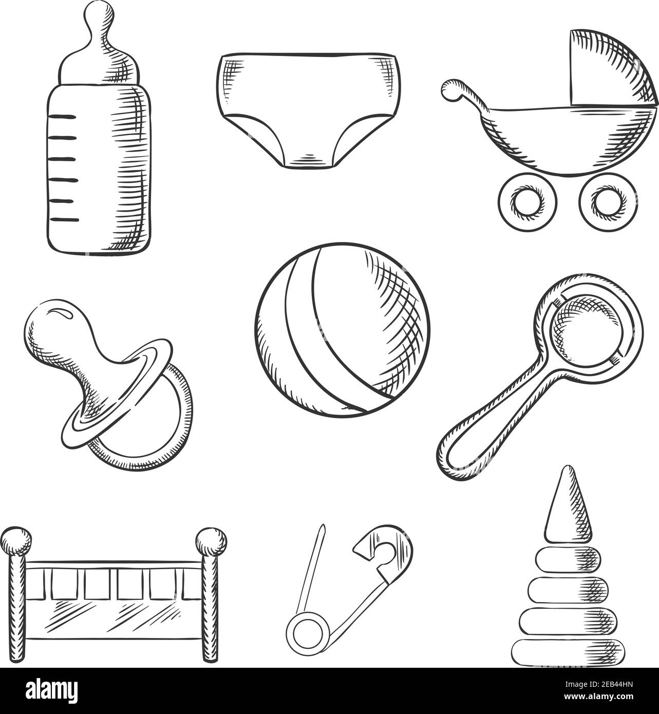 Icônes esquissées pour bébé et enfant avec un pram, une balle, une bouteille, un mannequin ou une sucette, un lit de bébé, une neppy, un picot de sécurité et des jouets. Illustration du style d'esquisse Illustration de Vecteur