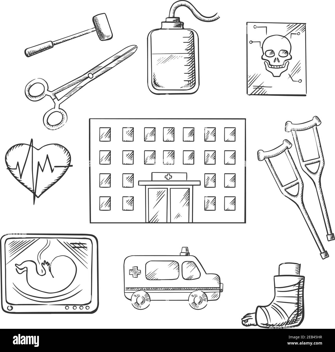 Conception d'un hôpital avec un bâtiment d'hôpital entouré d'ambulance, de rayons X, d'outils chirurgicaux, d'un électrocardiographe, d'une transfusion sanguine, d'un crâne, de béquilles et de plâtre c Illustration de Vecteur