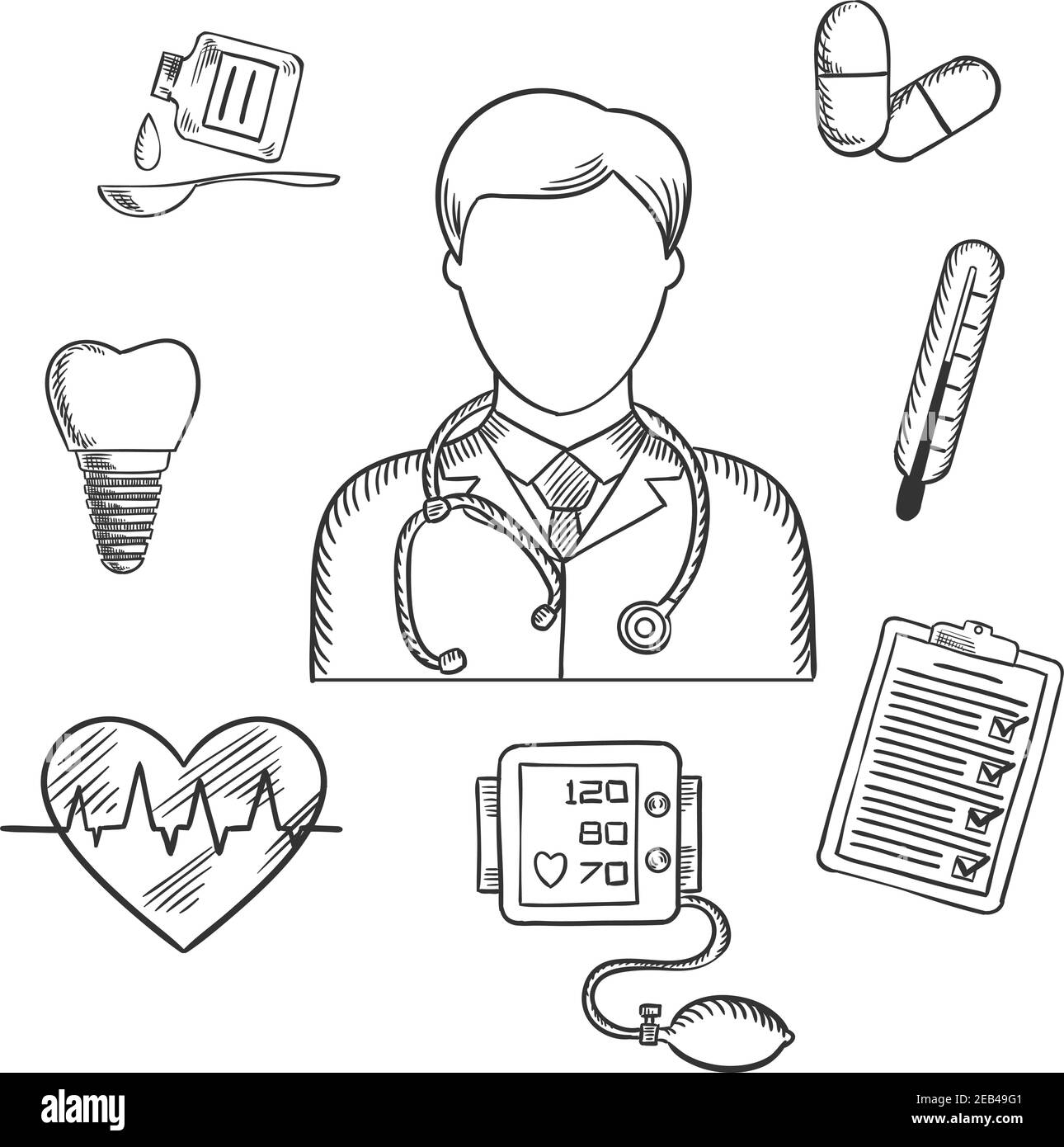 Icônes médicales dessinées à la main avec un médecin entouré d'un thermomètre, d'une dent, de pilules, de médicaments, d'un graphique, d'un battement de coeur et d'un ECG. Vecteur de style d'esquisse Illustration de Vecteur