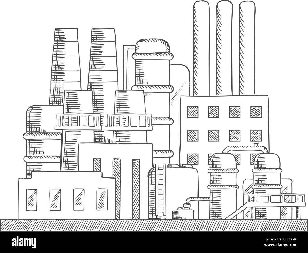 Croquis d'usine de raffinerie industrielle avec ensemble de bâtiments, réservoirs, tuyaux et cheminées. Illustration d'esquisse vectorielle Illustration de Vecteur