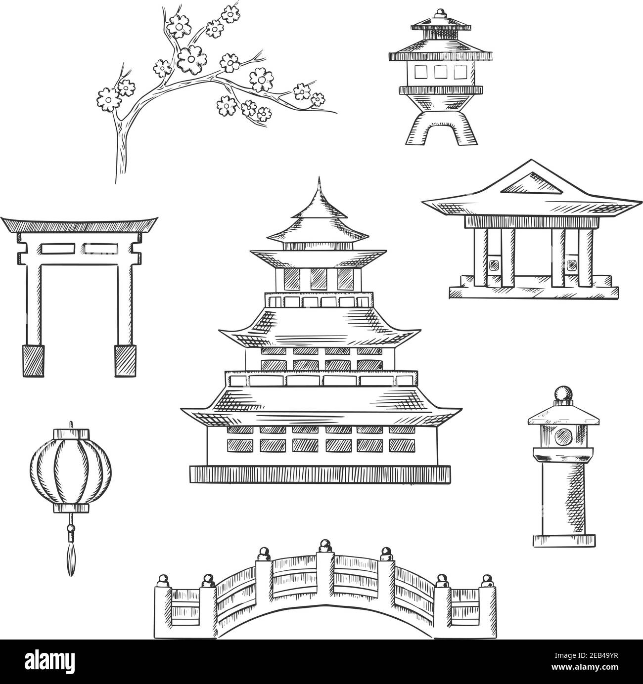 Les icônes japonaises de voyage dans le style esquisse avec la pagode japonaise traditionnelle entourée par la branche en fleur de sakura, porte de torii, lanterne en papier, temple et b Illustration de Vecteur