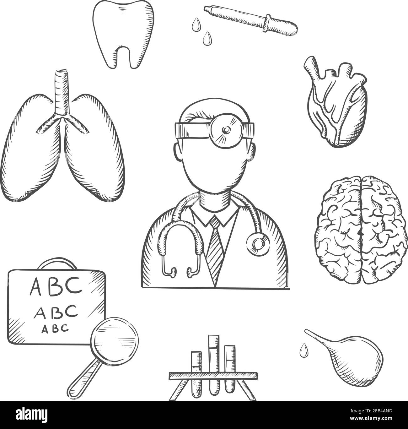 Icônes d'esquisse médicale avec le médecin encerclé par un diagramme d'oeil, poumons, dent, oeil, compte-gouttes, tubes à essai, cerveau et coeur représentant l'examen, le diagnostic a Illustration de Vecteur