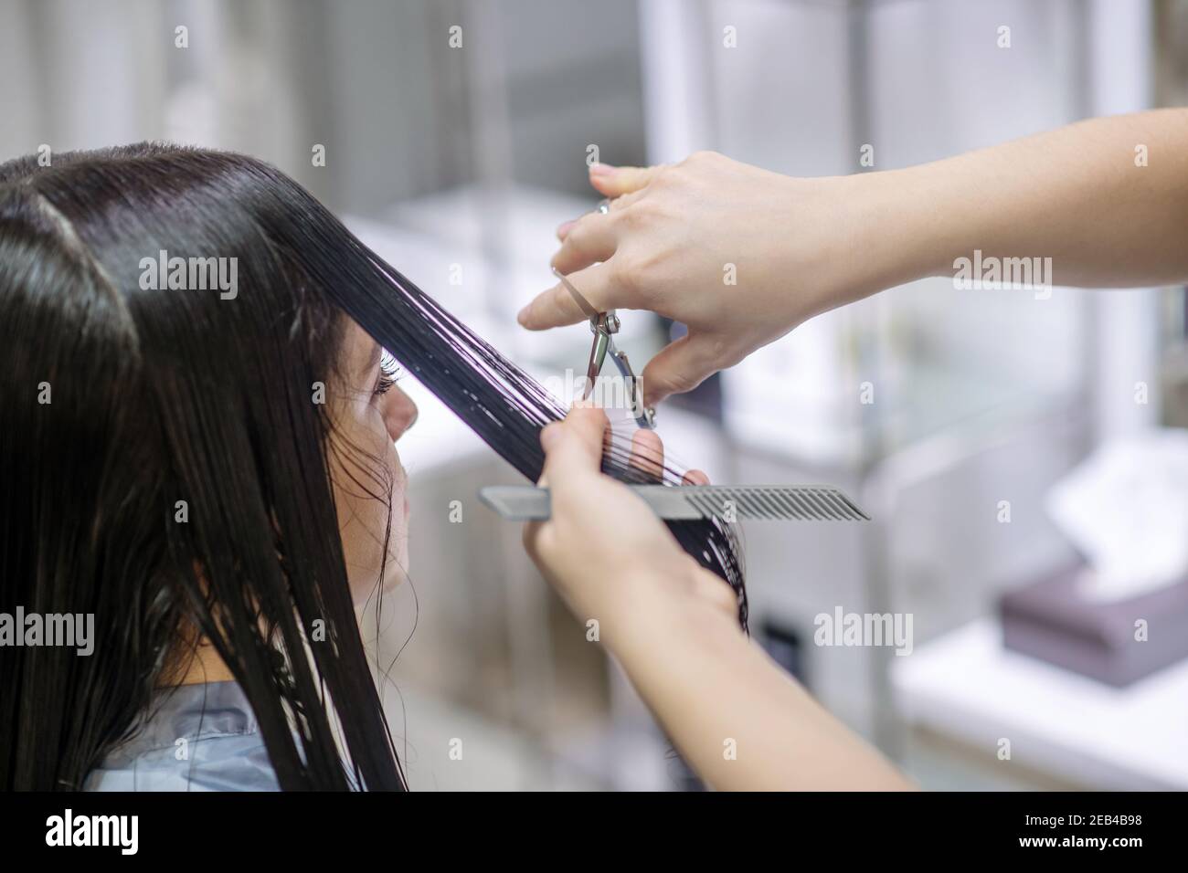 Gros plan de cheveux stylistes mains coupant les cheveux Banque D'Images