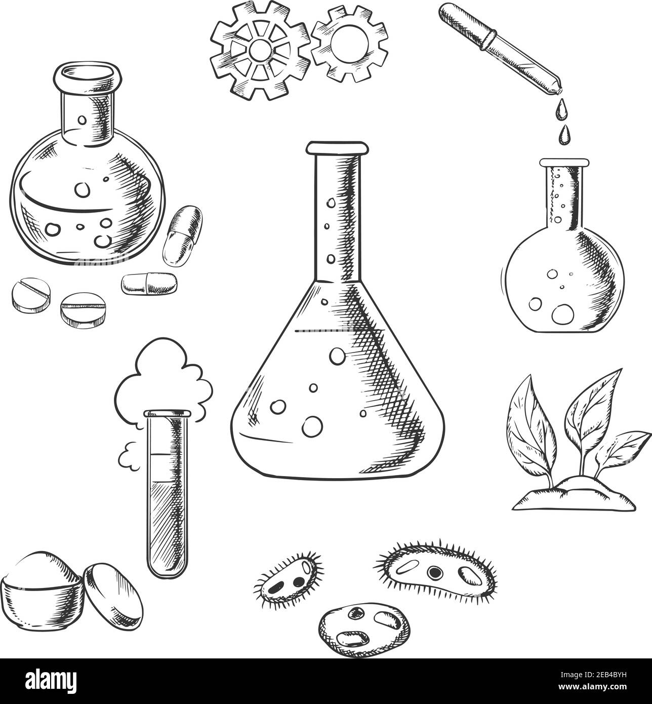 Expérience et conception scientifique avec un nuage de vapeur avec roues dentées au-dessus d'un flacon conique avec verrerie supplémentaire pour l'industrie pharmaceutique, chimique, Illustration de Vecteur