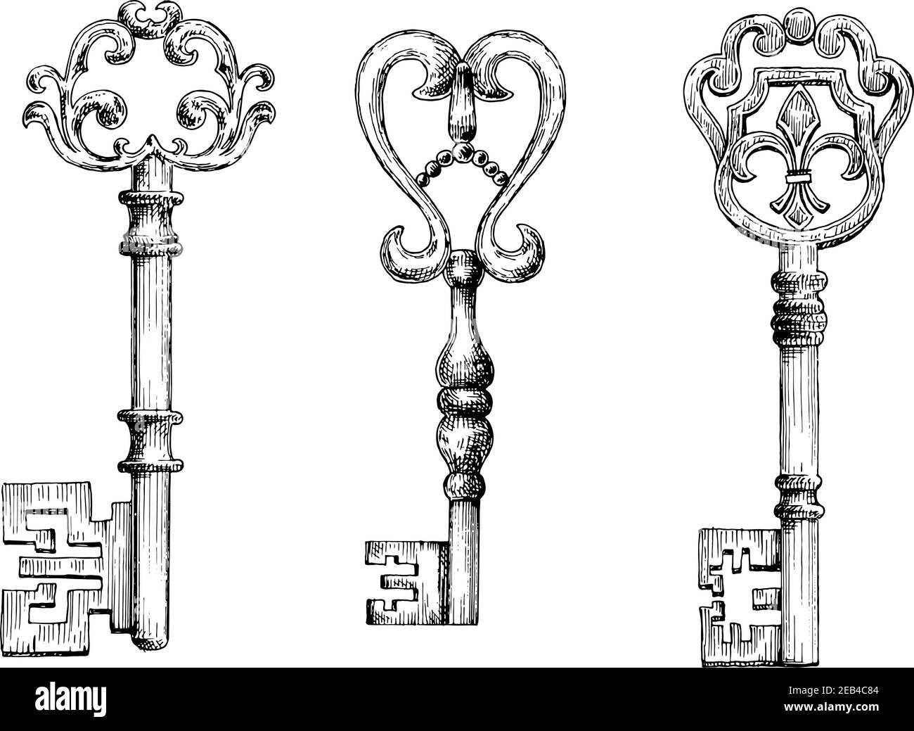 Croquis des clés du squelette médiéval, orné d'ornements victoriens forgés fleur de lis sur les arcs. Peut être utilisé comme tatouage, imprimé t-shirt ou embellissement de Illustration de Vecteur