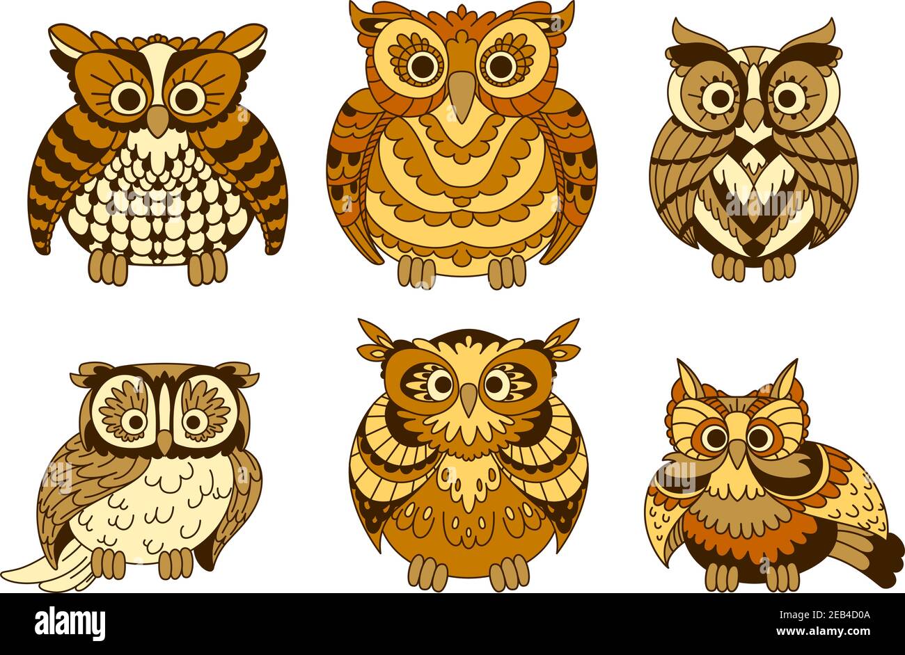 Différents décoratifs mignon dessin animé brun hiboux oiseaux avec plumage drôle face au spectateur. Isolé sur vecteur blanc Illustration de Vecteur