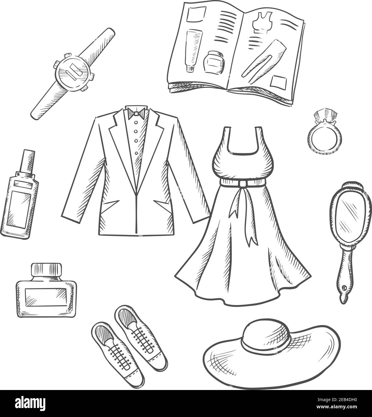 Icônes de mode esquissées avec vêtements, accessoires, chaussures, chapeau, bijoux, catalogue et miroir Illustration de Vecteur