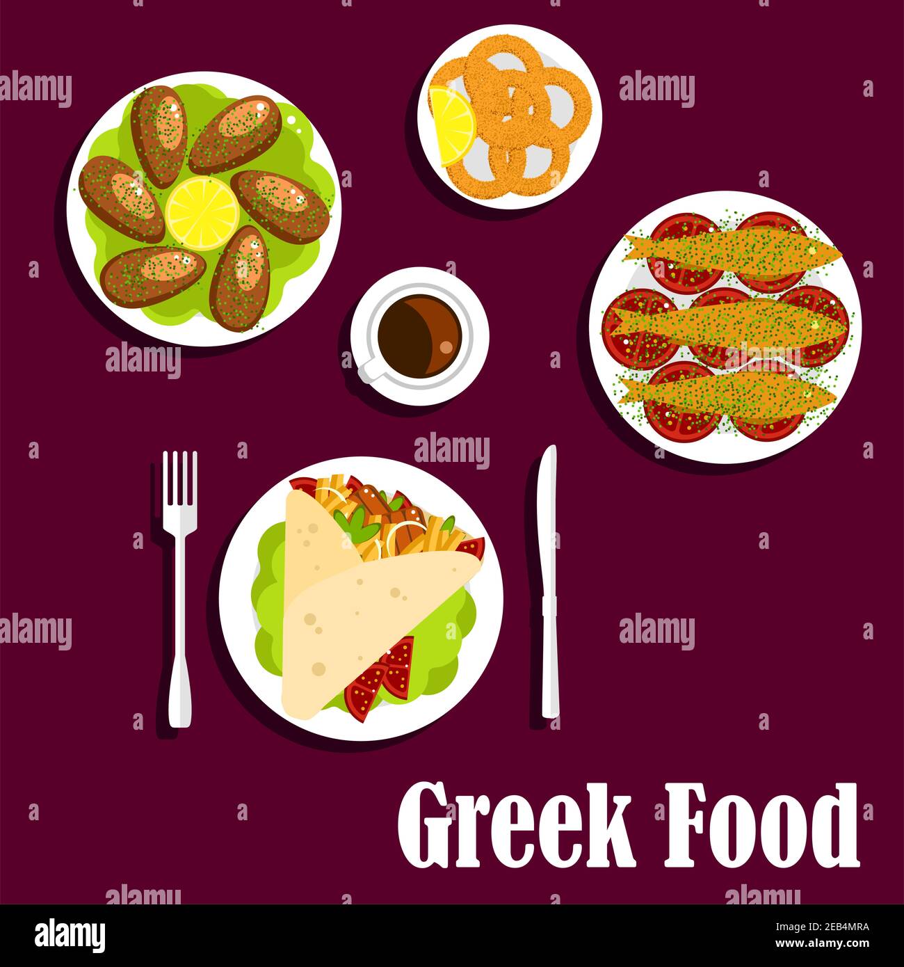 Menu traditionnel grec icônes de gyro avec viande, tomates, frites et sauce tzatziki roulé dans une pita, calmar frit, moules au citron, Illustration de Vecteur