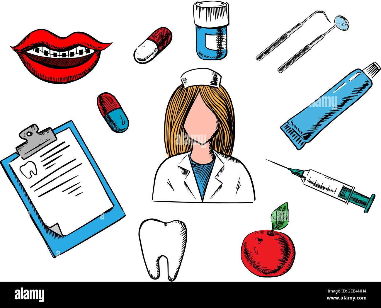 Conception de concept dentaire avec une infirmière entourée d'une pomme, carte d'examen, comprimés, bouche avec bretelles, dent, instruments et dentifrice. Vecteur moi Illustration de Vecteur