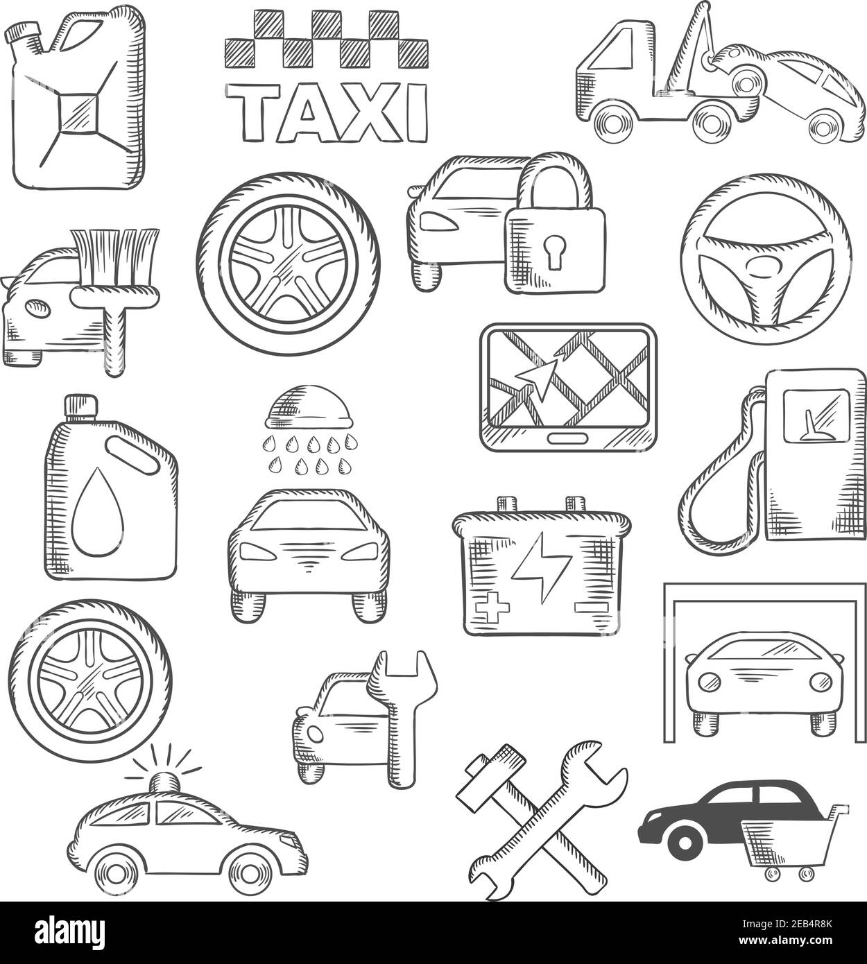 Icônes de voiture, mécanicien et service avec vente, remorquage et peinture, lavage et réparation, service de pneus, taxi, jerrycan de carburant et station-service, roue et navigati Illustration de Vecteur