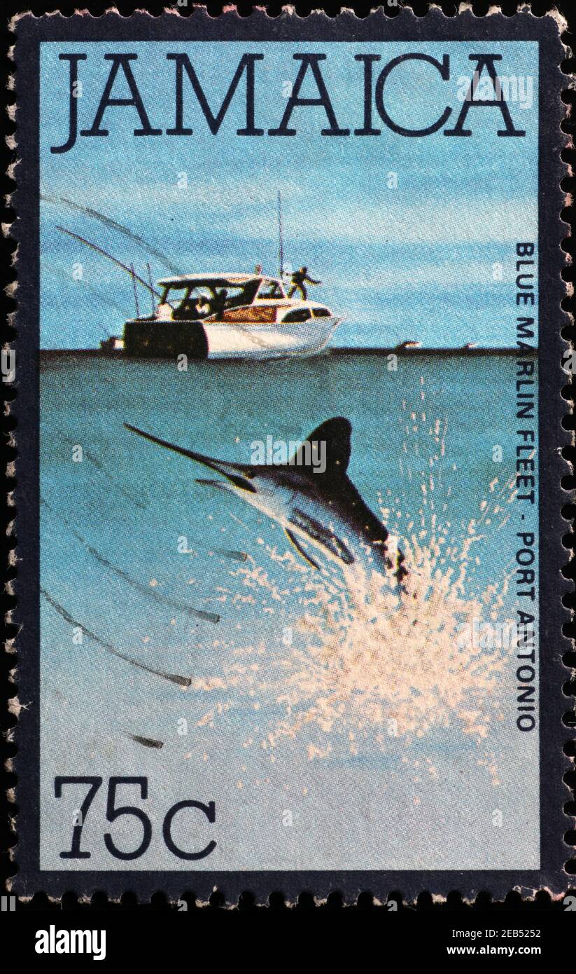 Marlin bleu sur timbre-poste jamaïcain Banque D'Images