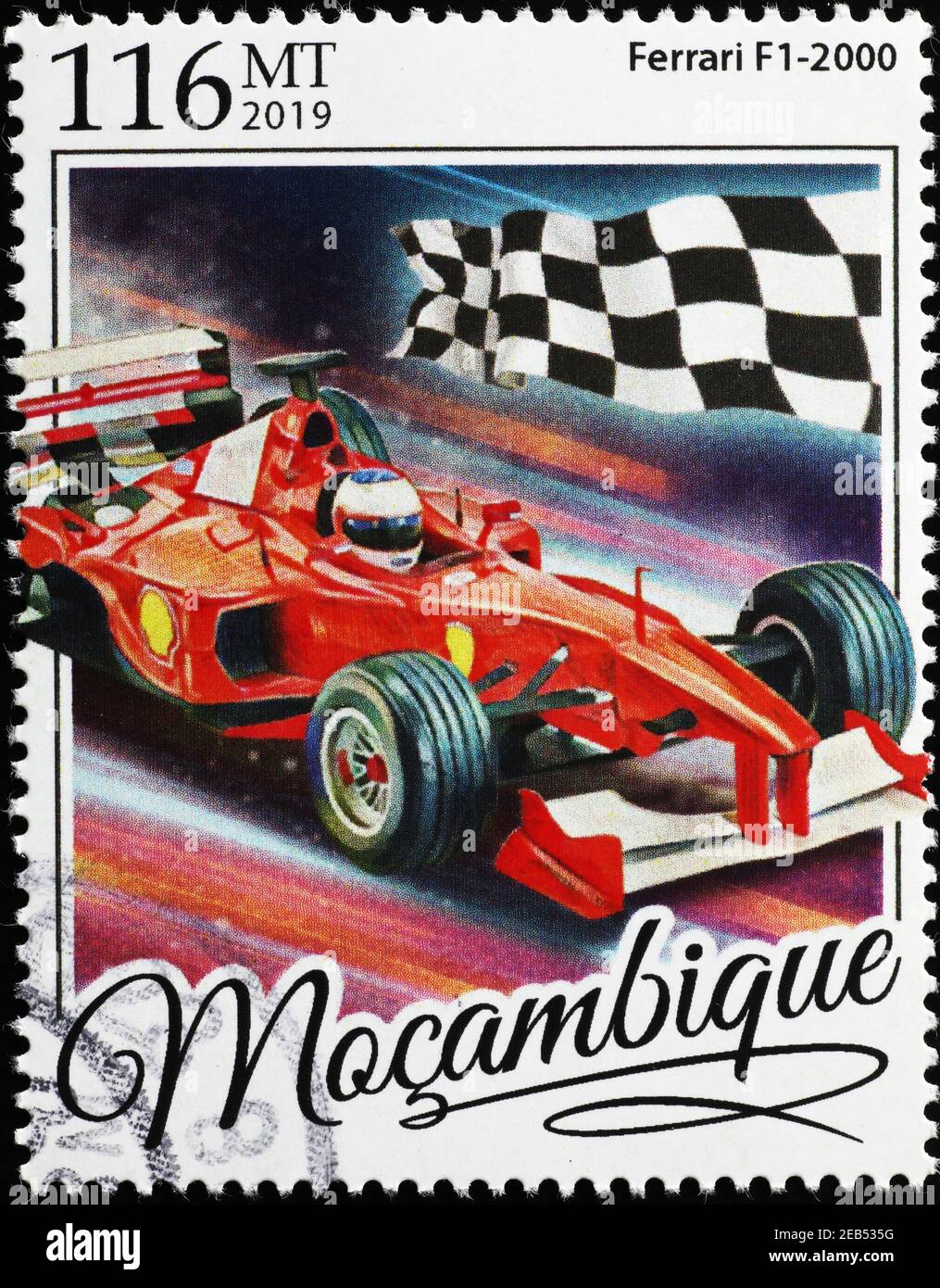 Ferrari F1-2000 victorieuse à l'arrivée sur le timbre Banque D'Images