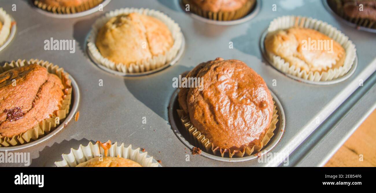 le soleil du matin illumine les petits muffins à la crème et au chocolat, chauds et cuits à la vapeur, frais hors du four prêt pour le petit déjeuner Banque D'Images le soleil du matin illumine les petits muffins à la crème et au chocolat, chauds et cuits à la vapeur, frais hors du four prêt pour le petit déjeuner Banque D'Images