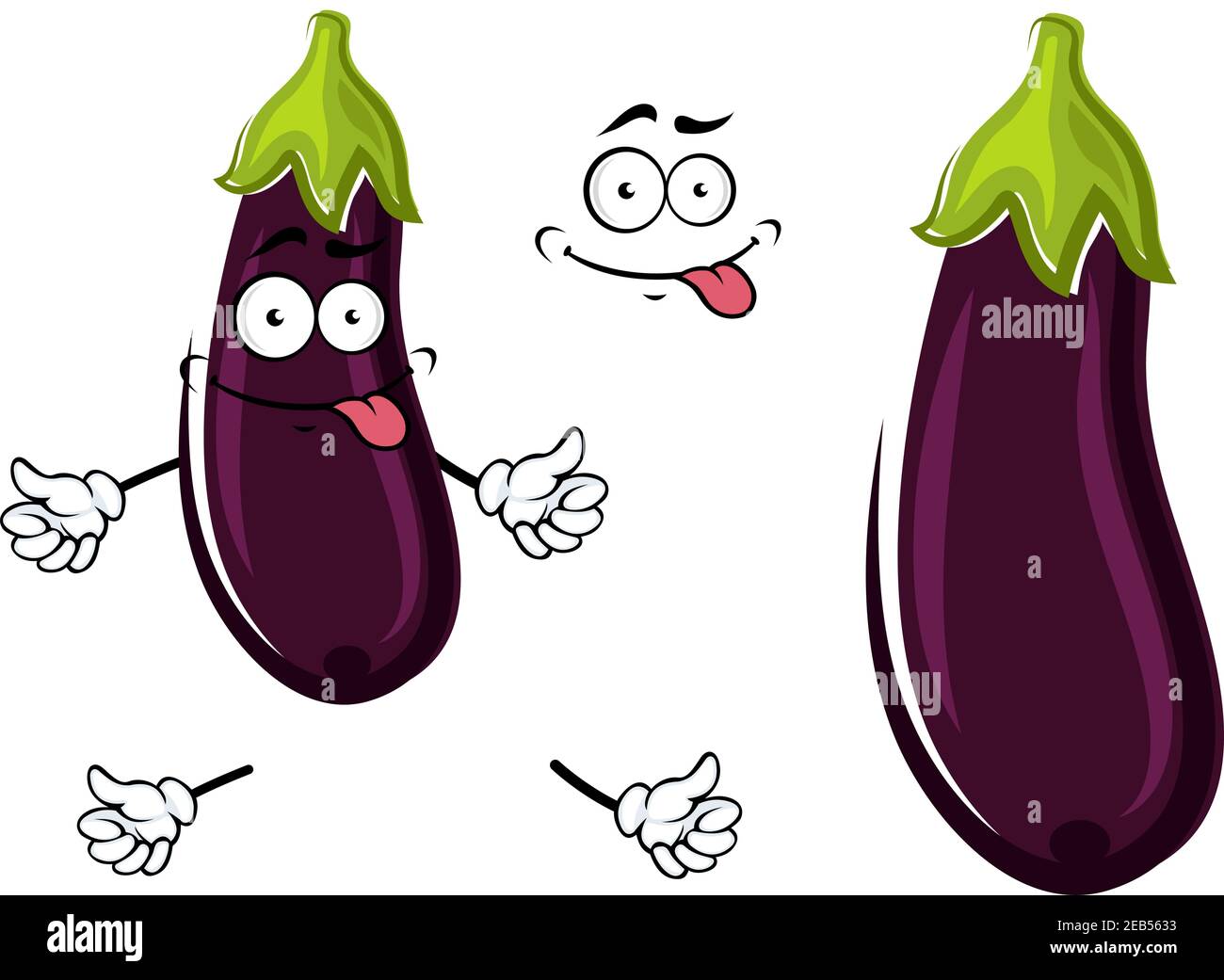 Happy Funky mûr violet cartoon aubergine ou aubergine qui colle de sa langue avec une deuxième variante sans visage ni bras. L'illustration vectorielle est Illustration de Vecteur