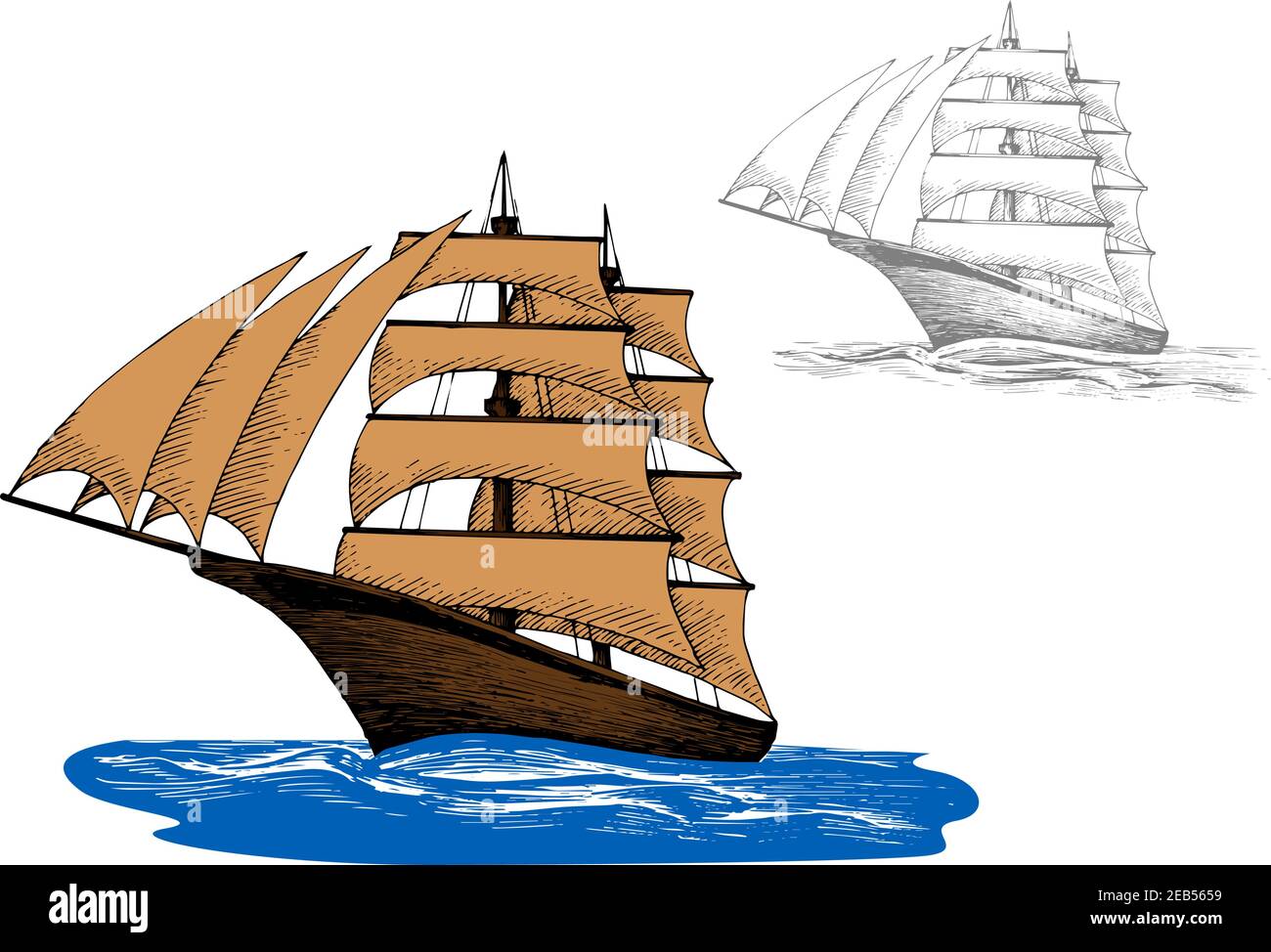 Ancien voilier en bois avec voiles brun pâle parmi les vagues bleues de l'océan, y compris la deuxième variante en couleurs grises. Voyages maritimes, courses de yacht ou Ocean cr Illustration de Vecteur