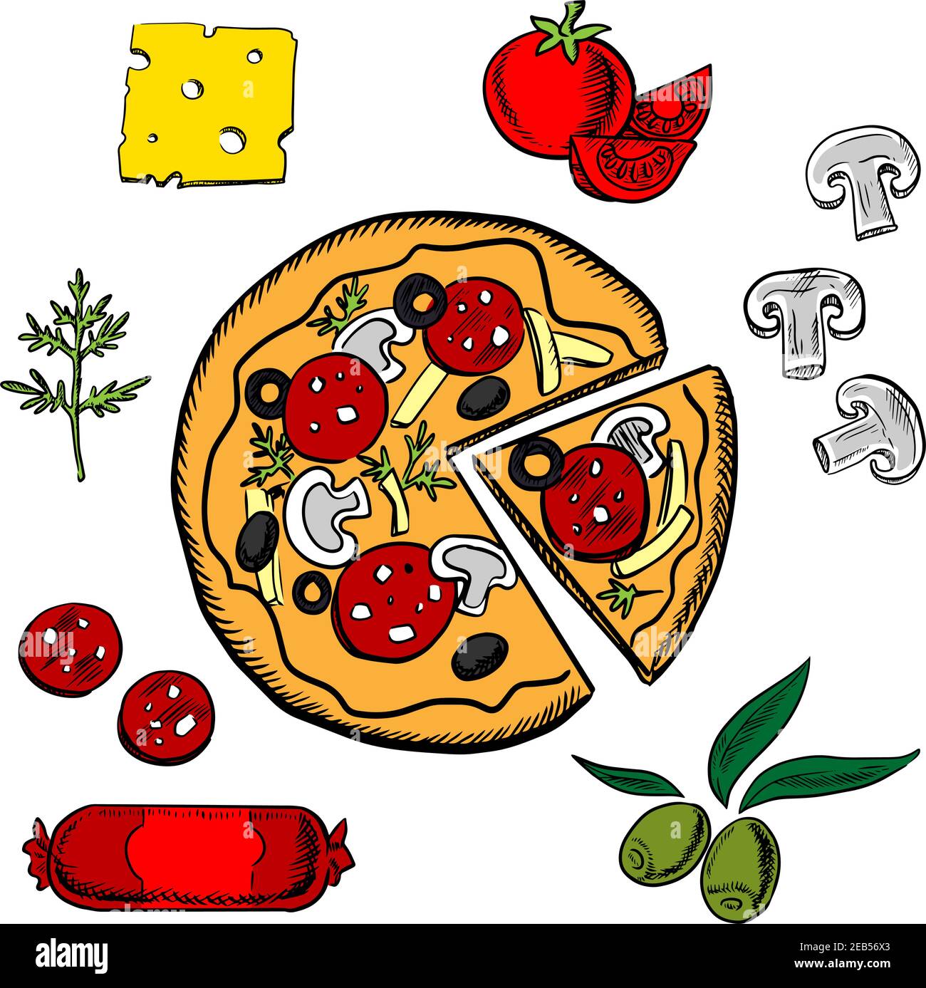 Pizza italienne cuite en tranches avec salami, herbes, tomate, fromage, champignons et olives Illustration de Vecteur