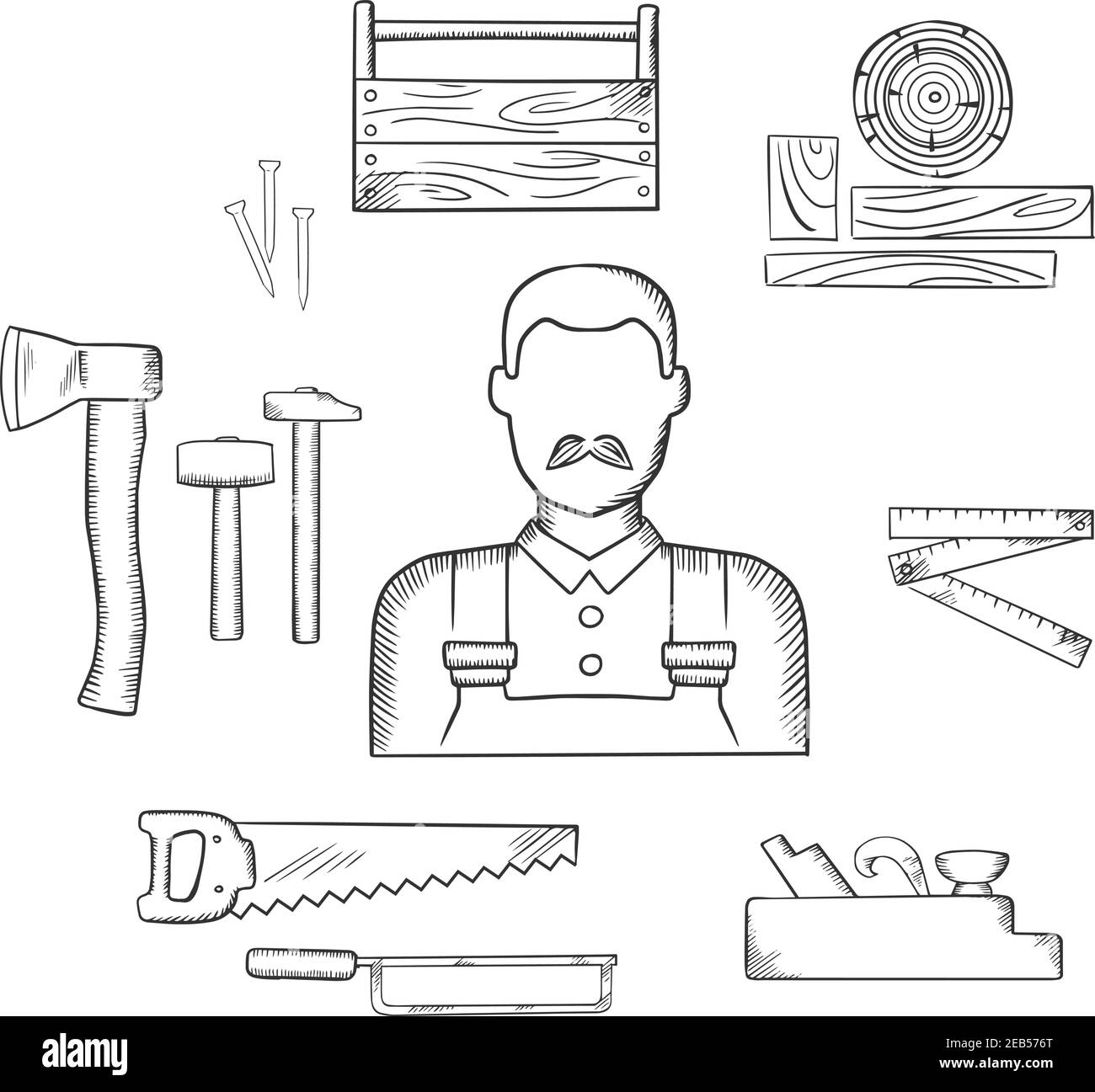 La profession de menuisier esquisse des icônes avec l'homme moustaché, le bois et les outils de menuiserie y compris les marteaux, la hache, les ongles, la boîte à outils en bois, la scie à main, la scie à métaux, le fol Illustration de Vecteur