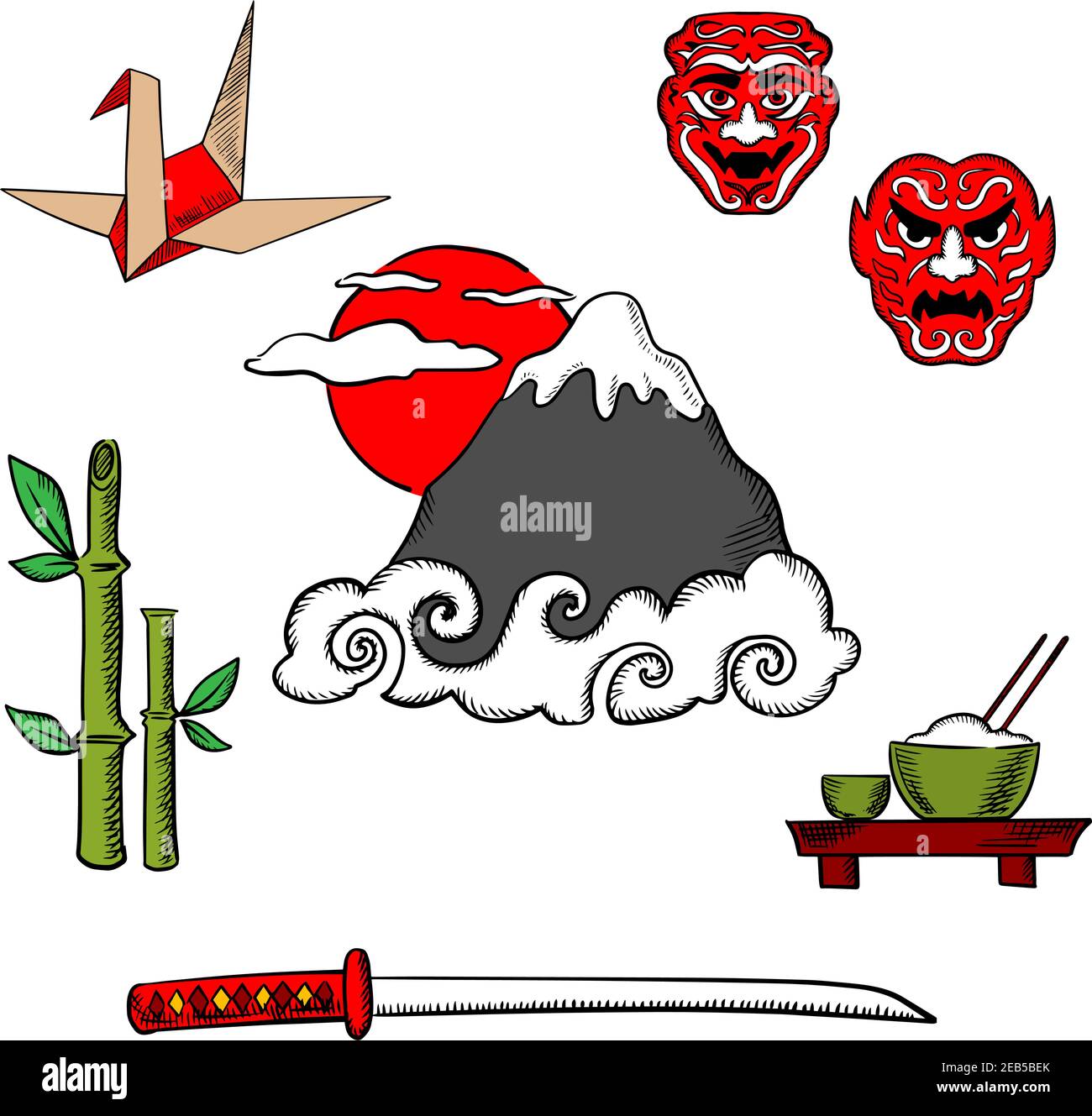 Japon Voyage icônes de la montagne Fujiyama dans les nuages et le grand soleil rouge entouré par l'épée de katana samouraï, pousses de bambou, bol de riz et baguettes, origam Illustration de Vecteur