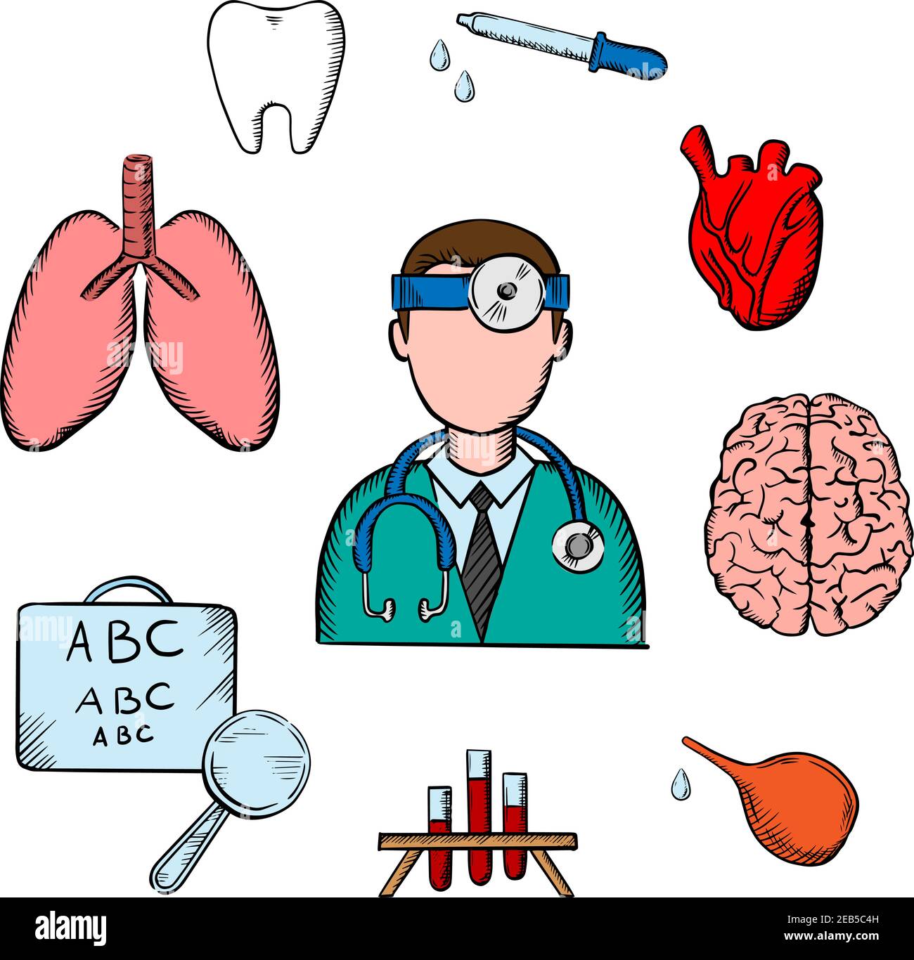 Icônes médicales avec le médecin entouré par un diagramme d'oeil, poumons, dent, oeil, compte-gouttes, tubes à essai, cerveau et coeur représentant l'examen, le diagnostic et le tre Illustration de Vecteur
